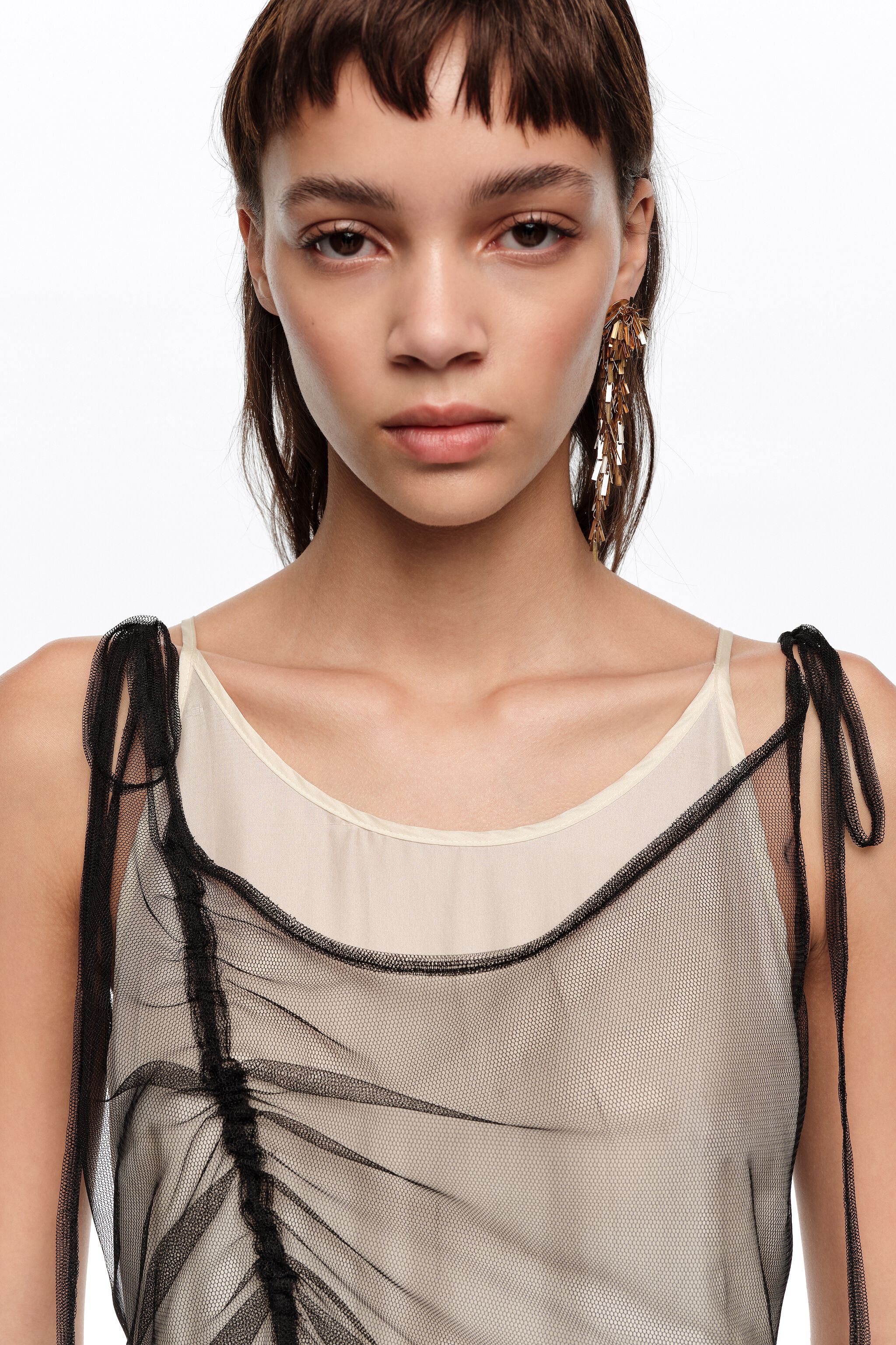 Camisole dress with black mesh overlay