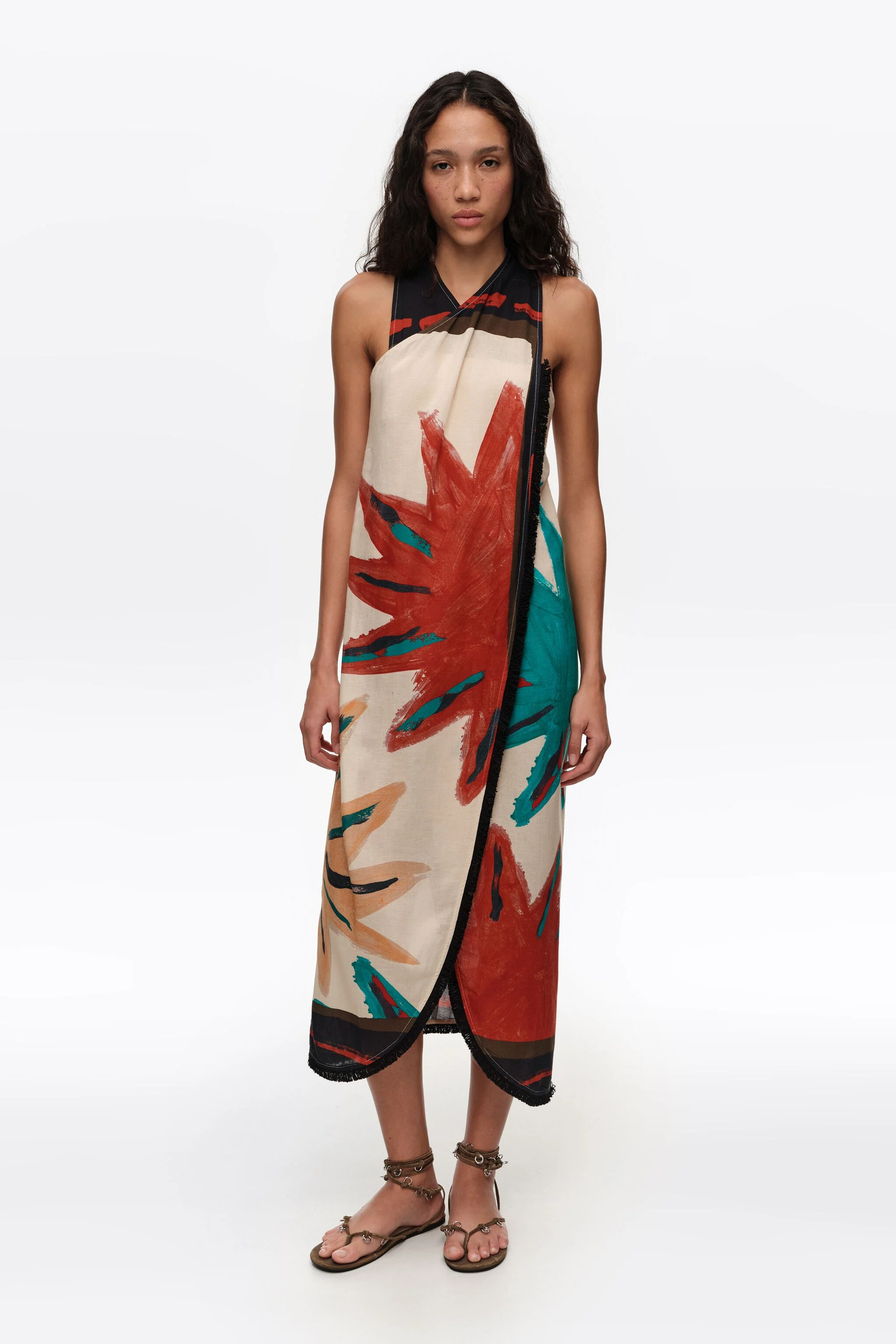 Positional Sun fringed midi wrap dress