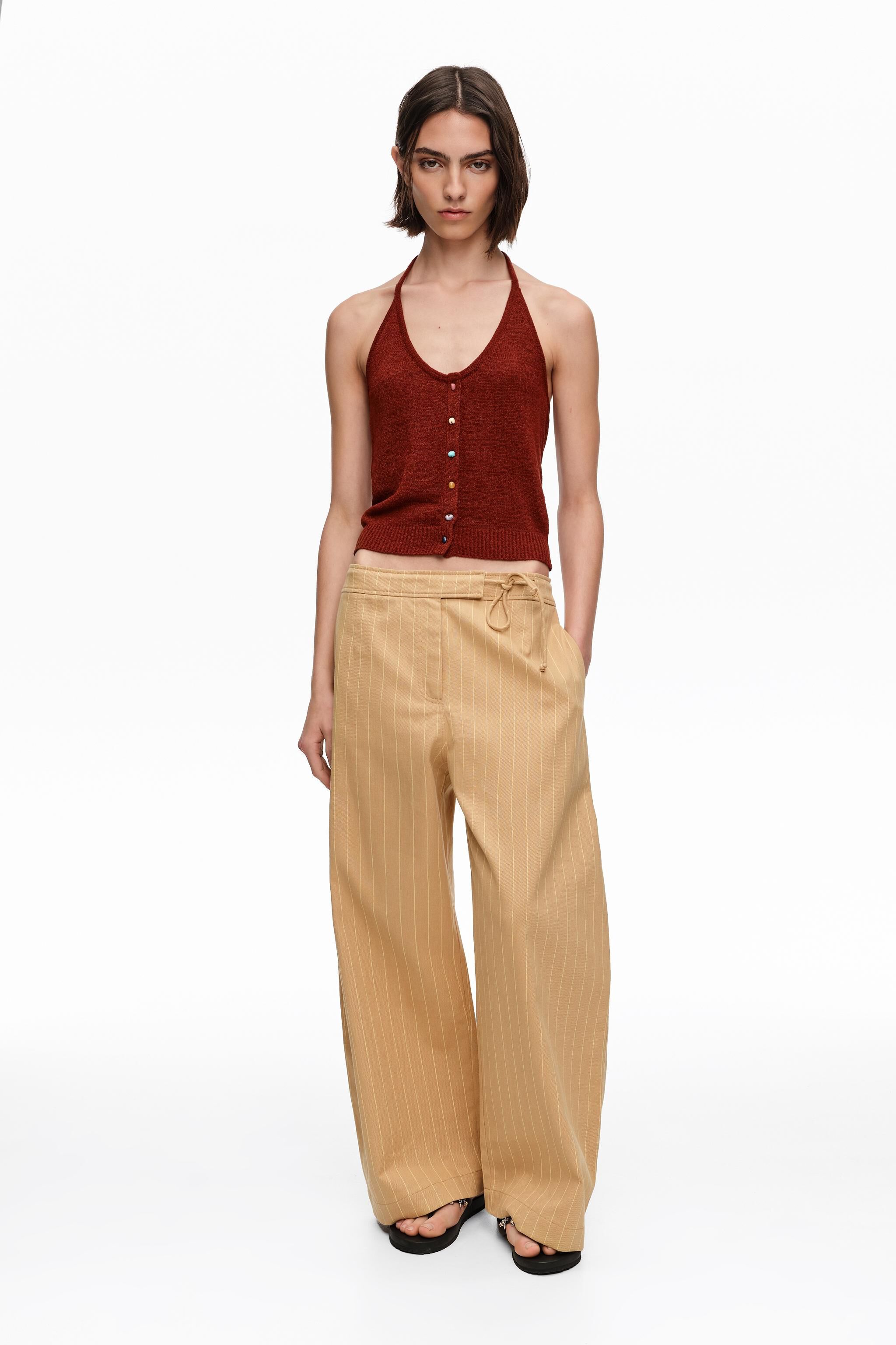 Ochre striped ankle-length barrel trousers