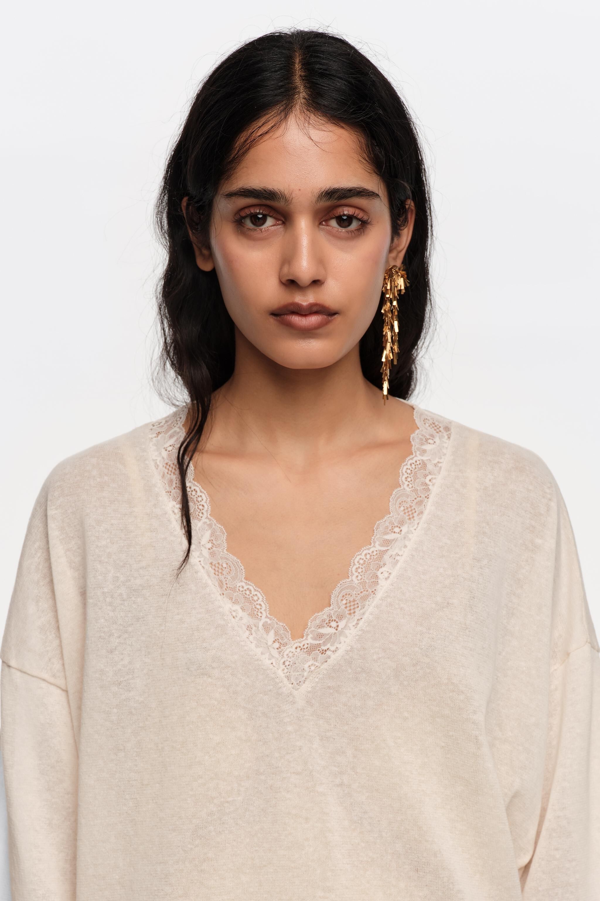 Long ivory linen cotton lace sweater