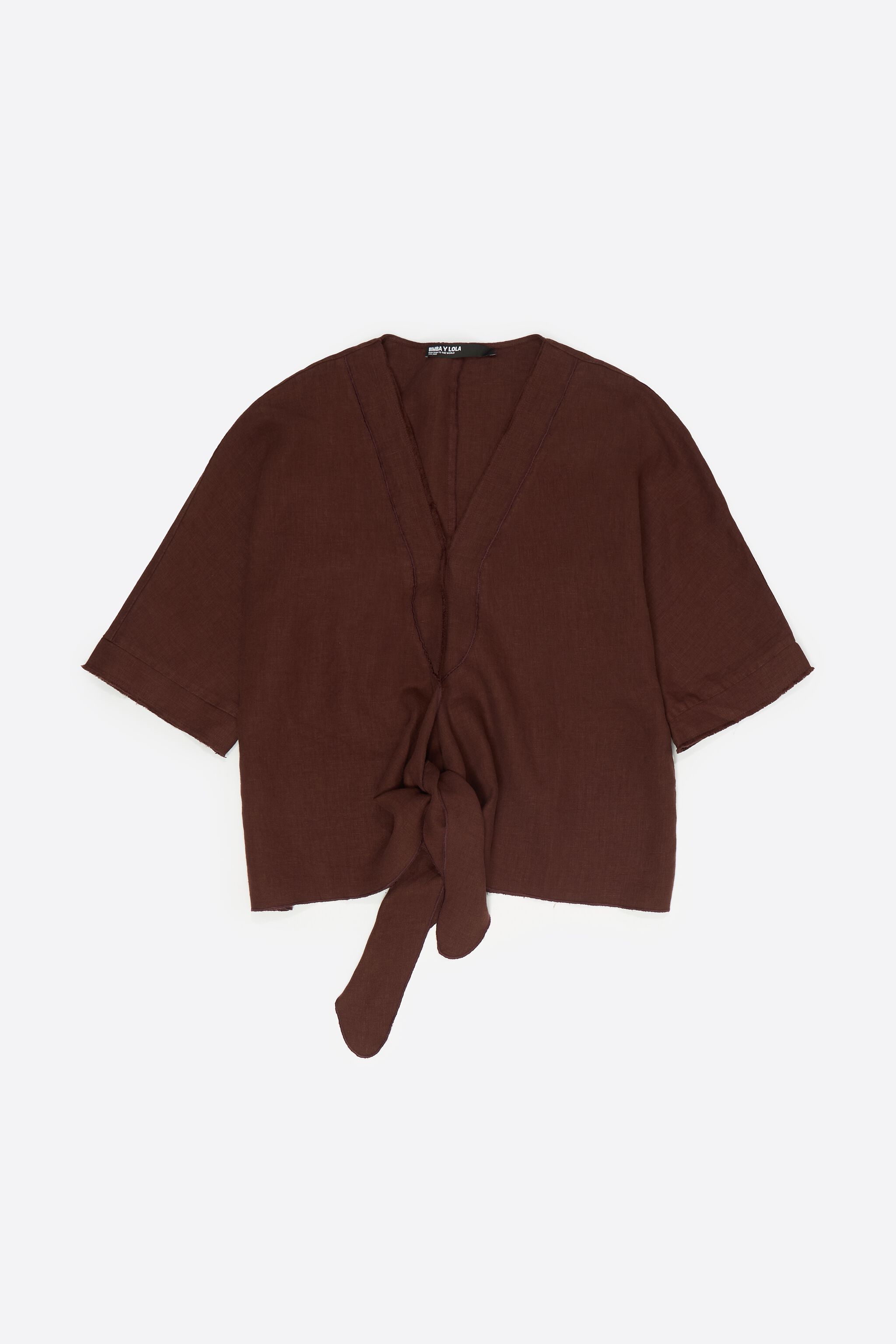 Brown linen maxi cape shirt with bow