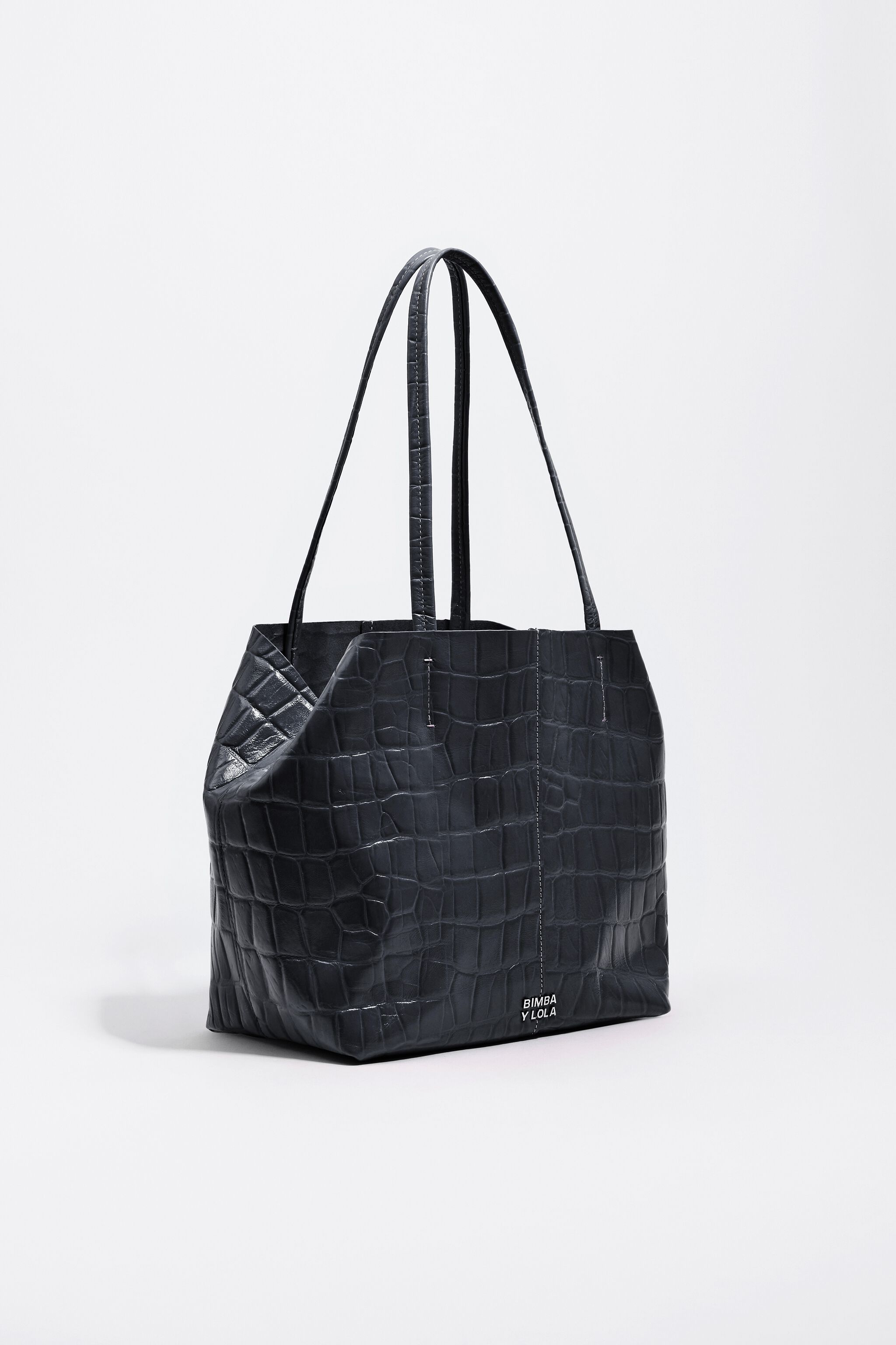 Medium leather shopper bag in petrol blue crocodile embossed