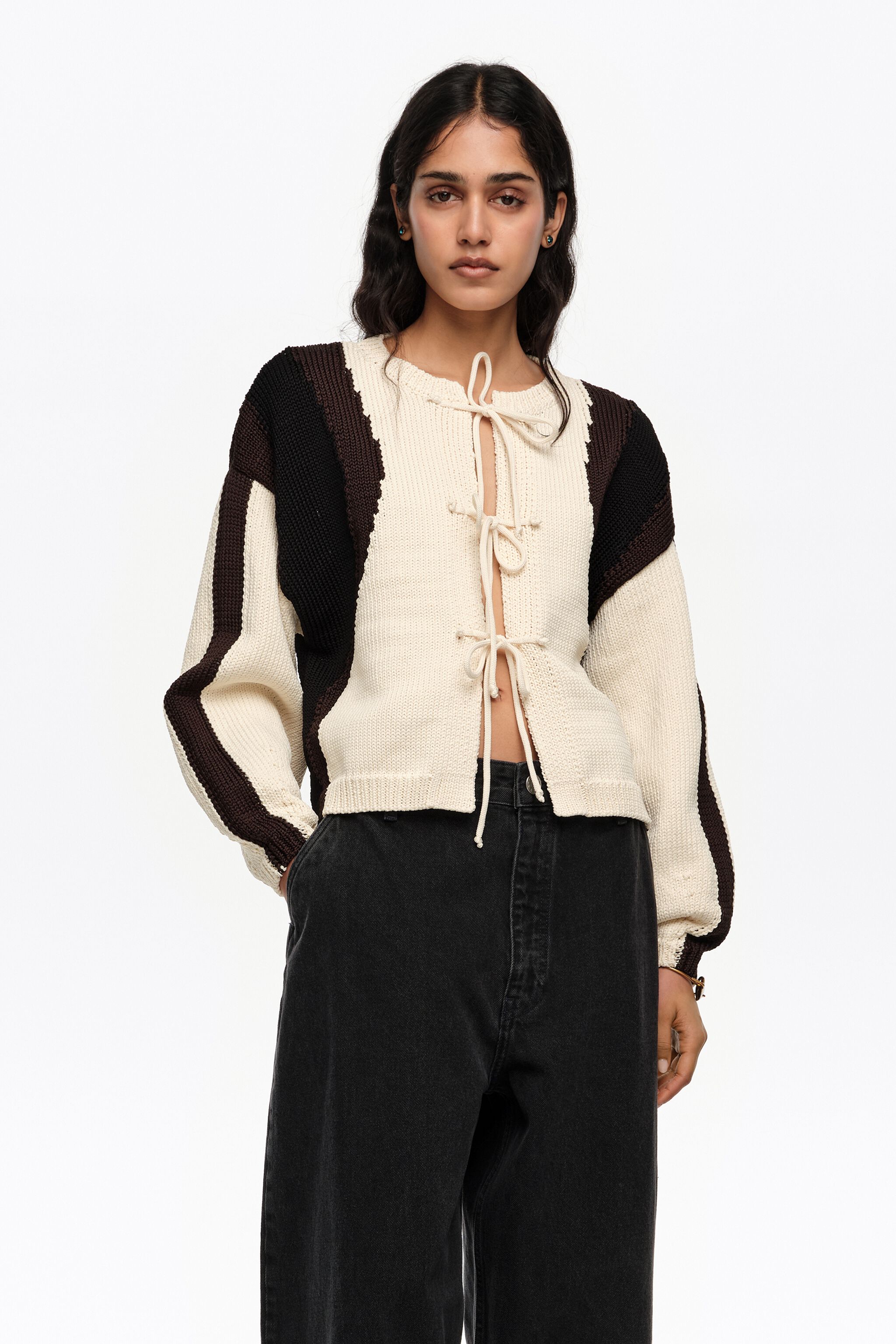 Ivory tricolor tie cardigan