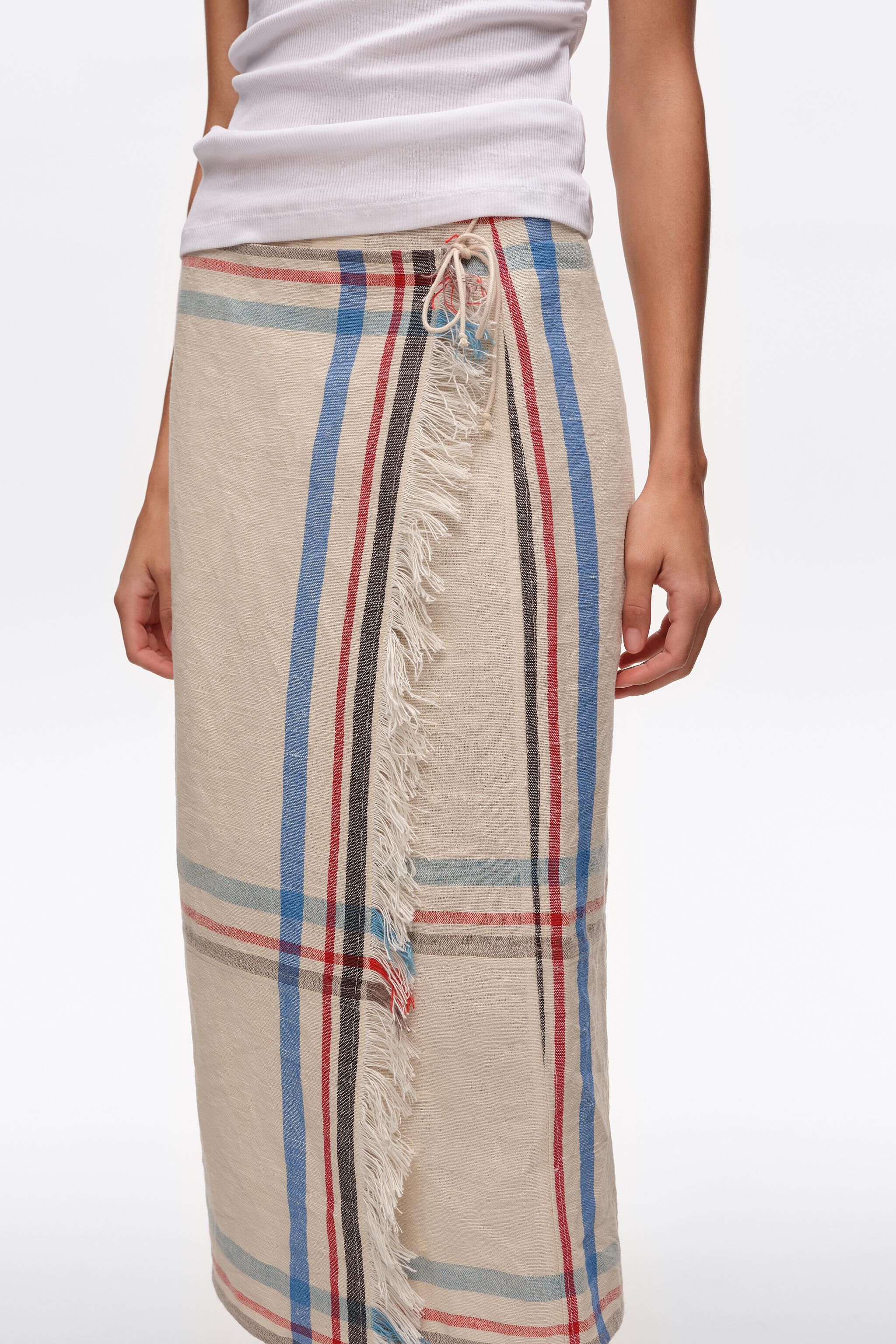Ecru linen straight striped midi wrap skirt