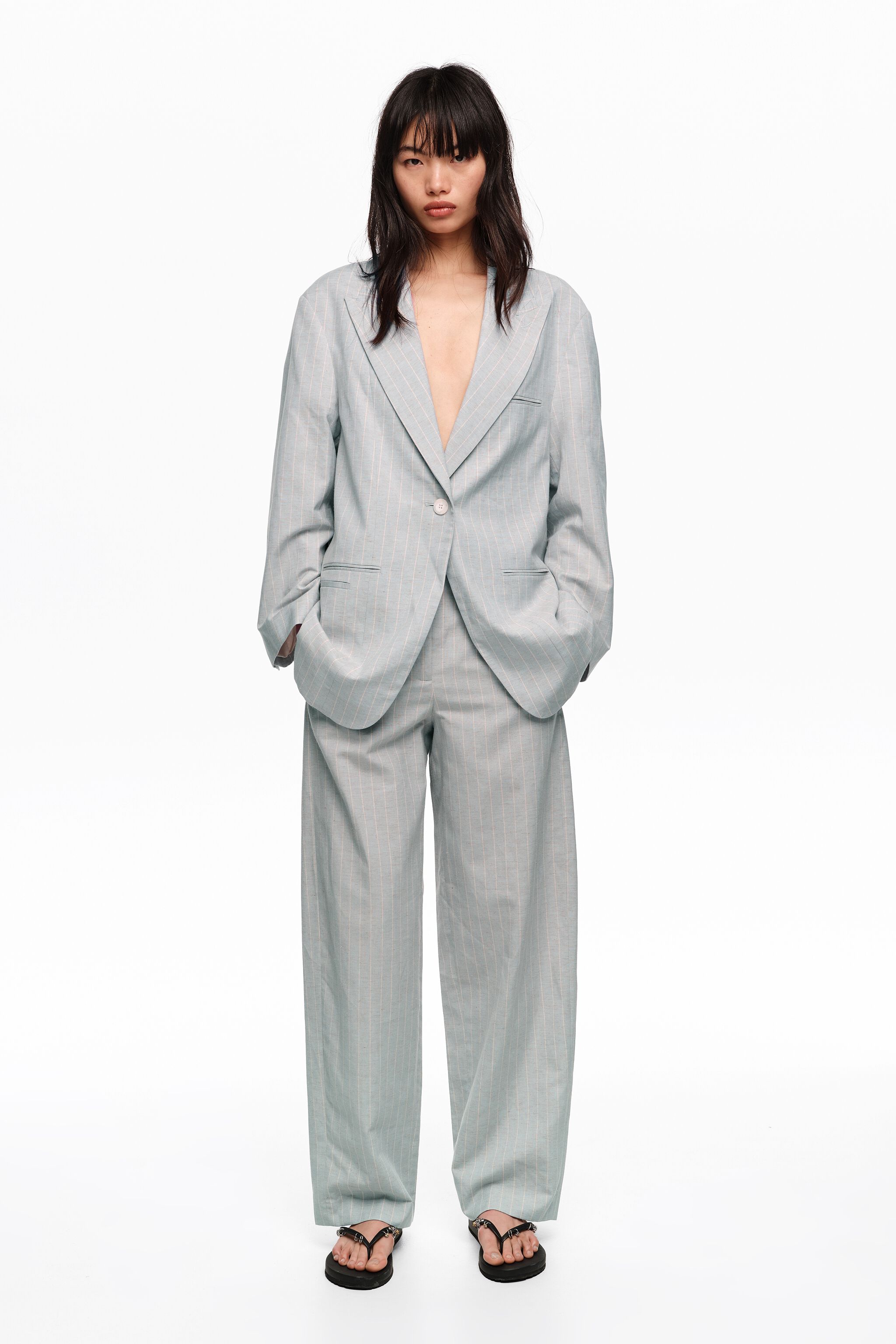 Light gray oversize tailored jacket with stripes