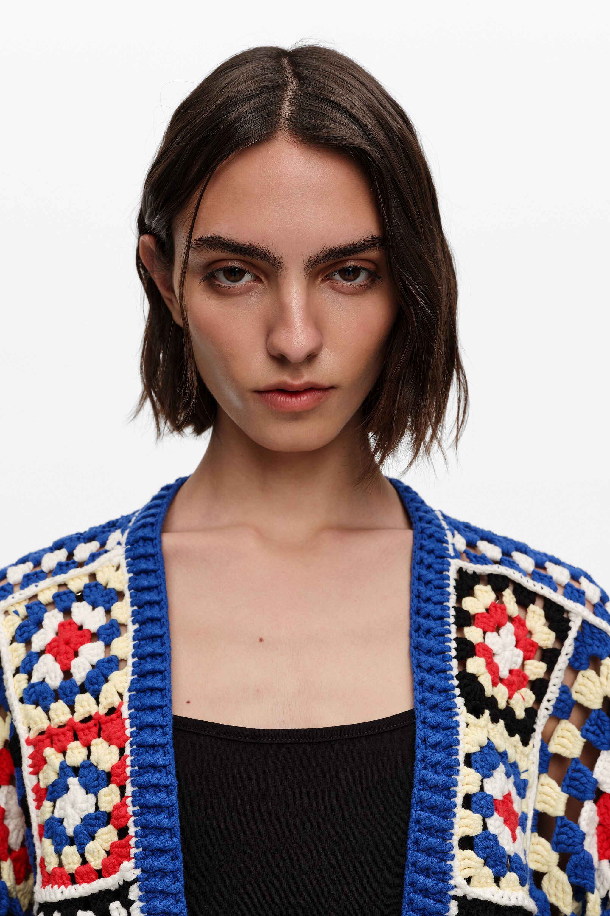 Blue multicolor crochet balloon cardigan