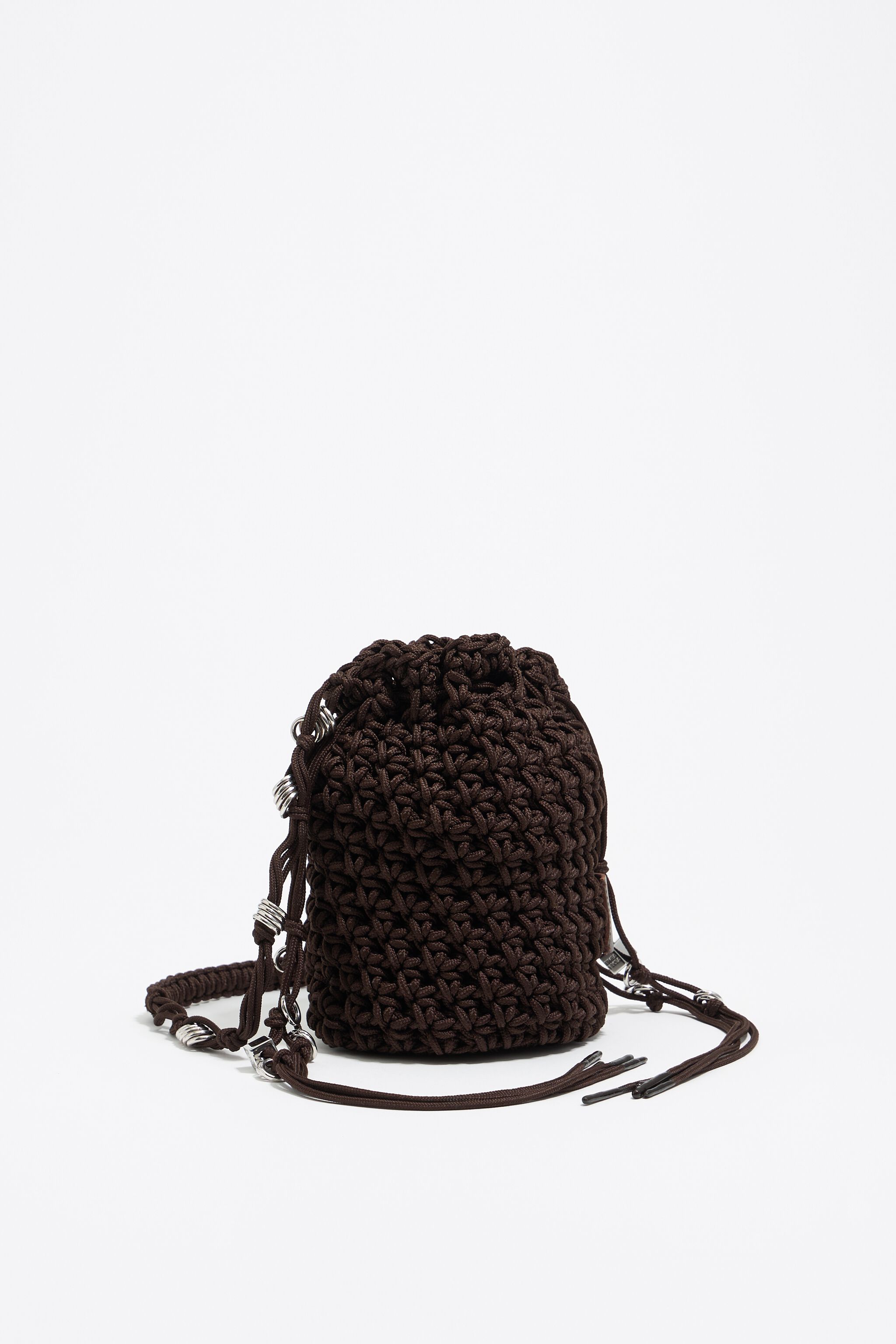 Brown mini plaited crochet bucket bucket bag