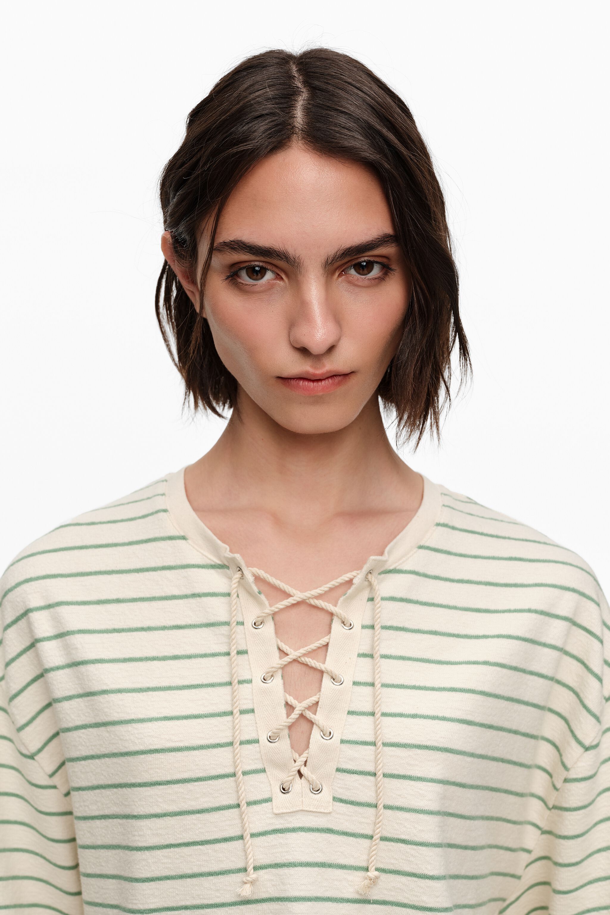 Green striped adjustable crew neck T-shirt
