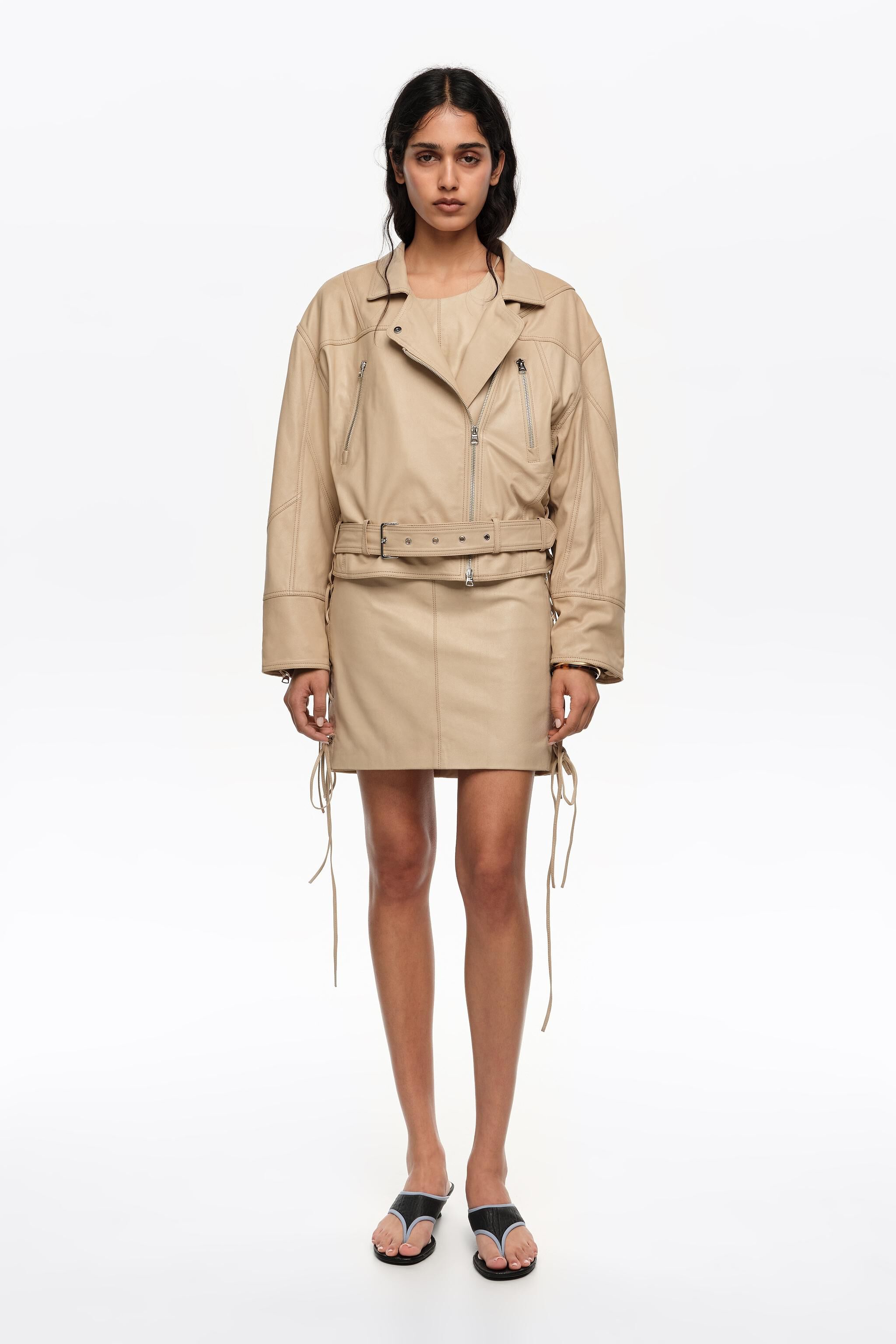 Light stone leather adjustable double-breasted jacket