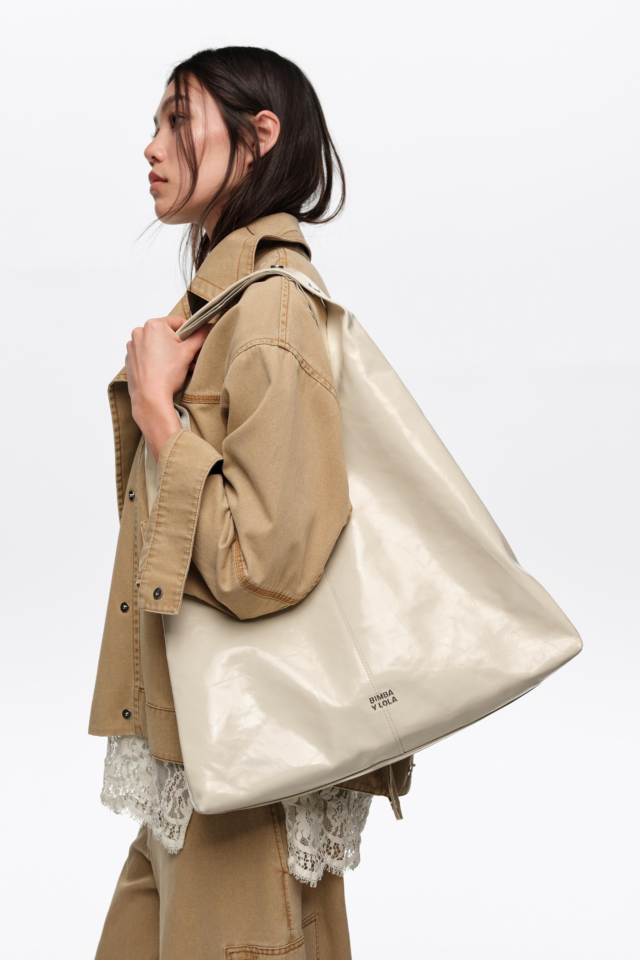 Cream shiny leather maxi Bikini Paper bag
