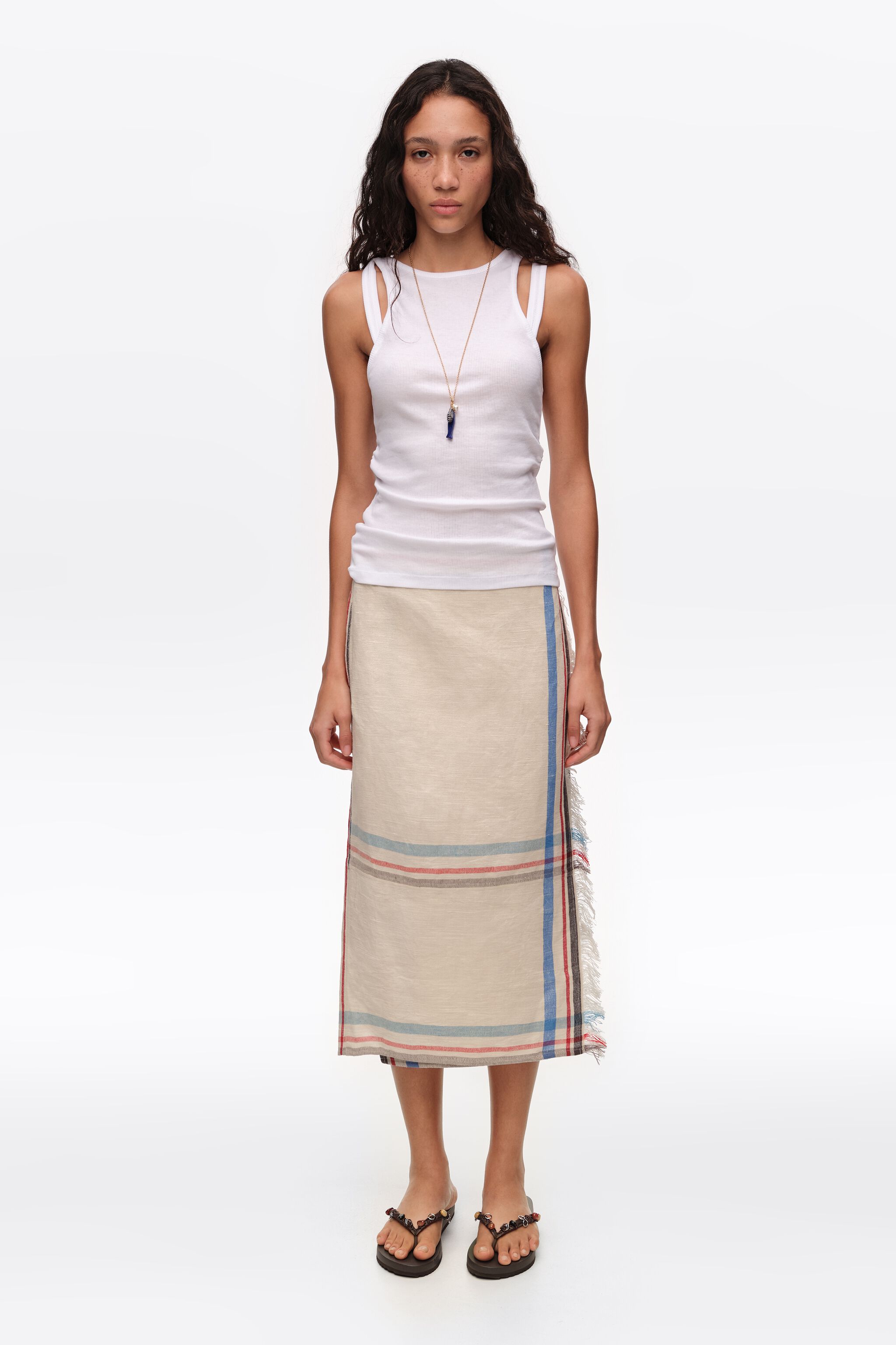 Ecru linen straight striped midi wrap skirt