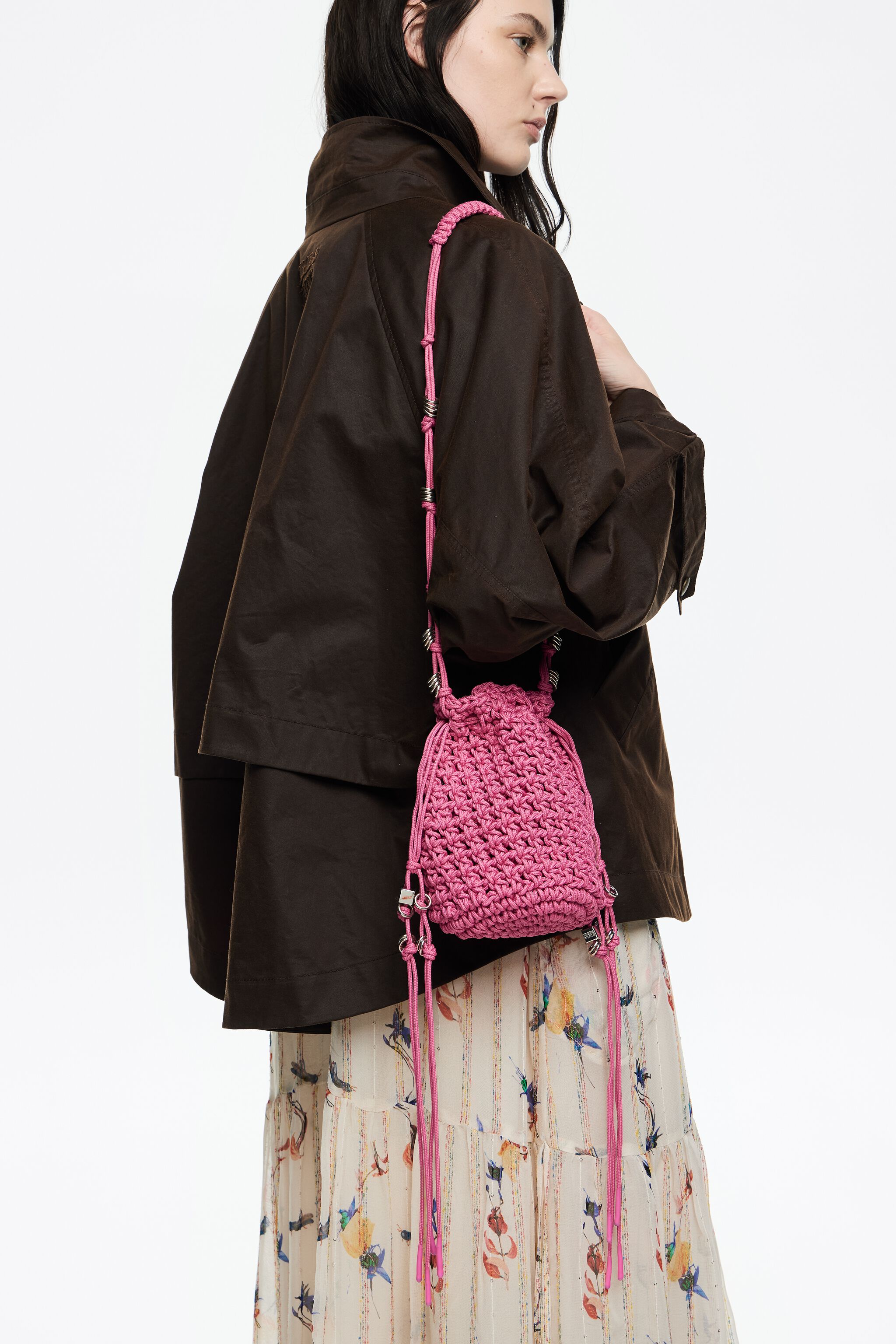 Dark pink mini plaited crochet bucket bag
