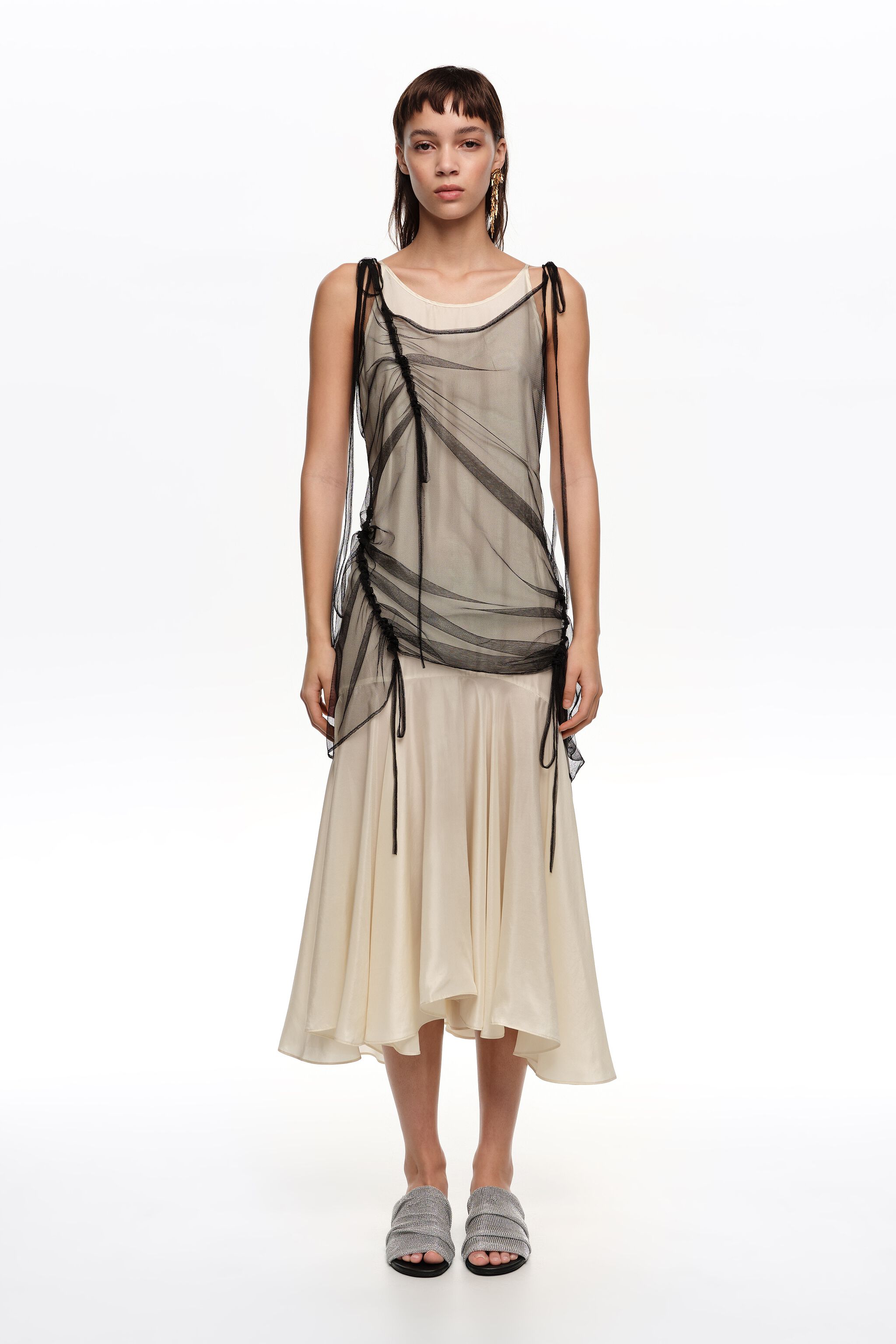 Camisole dress with black mesh overlay