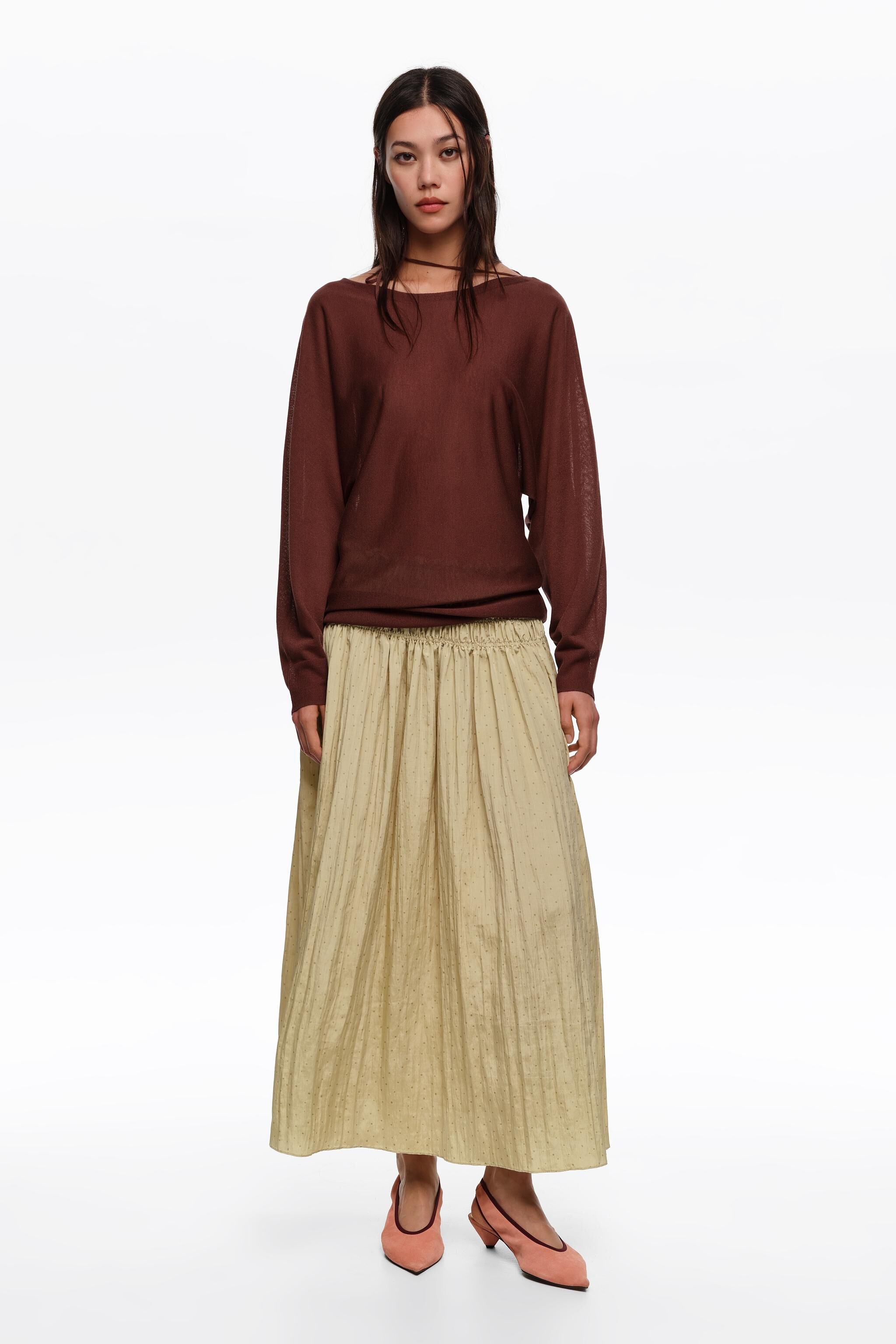 Olive mini Dots ruched flare skirt