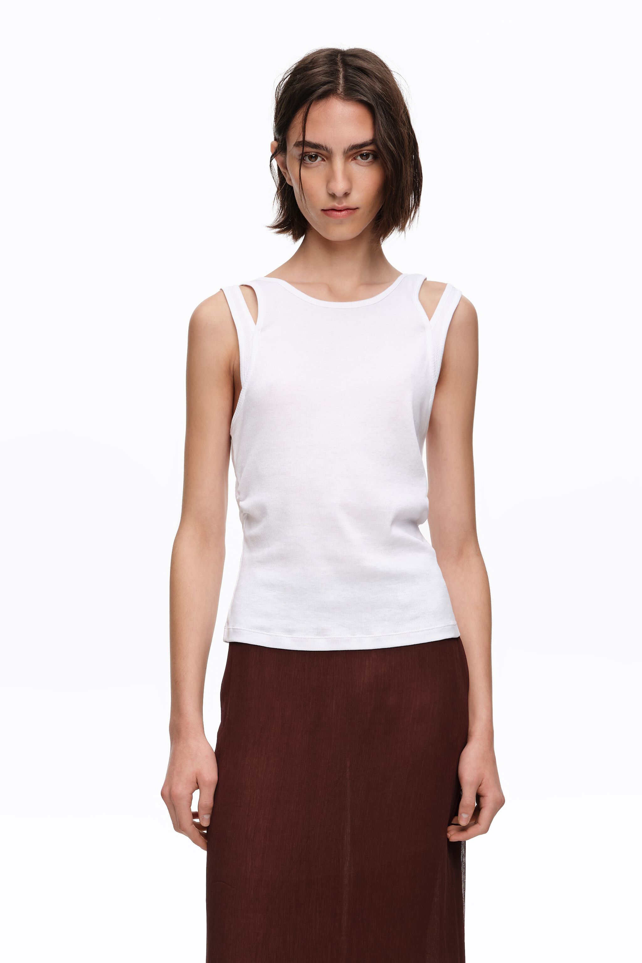 White ribbed top with overlapping cross back