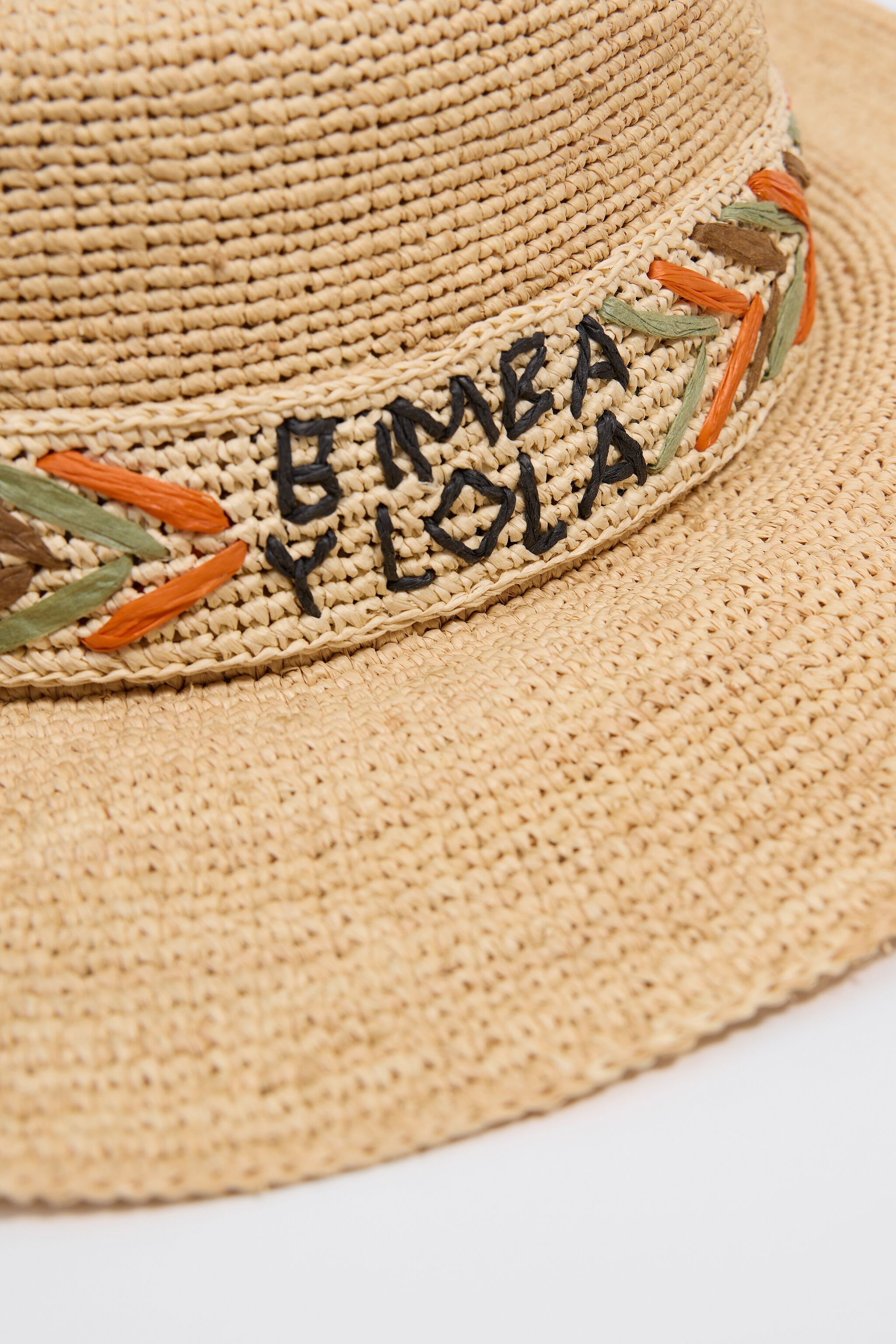 Raffia boater with multicolor embroidered band