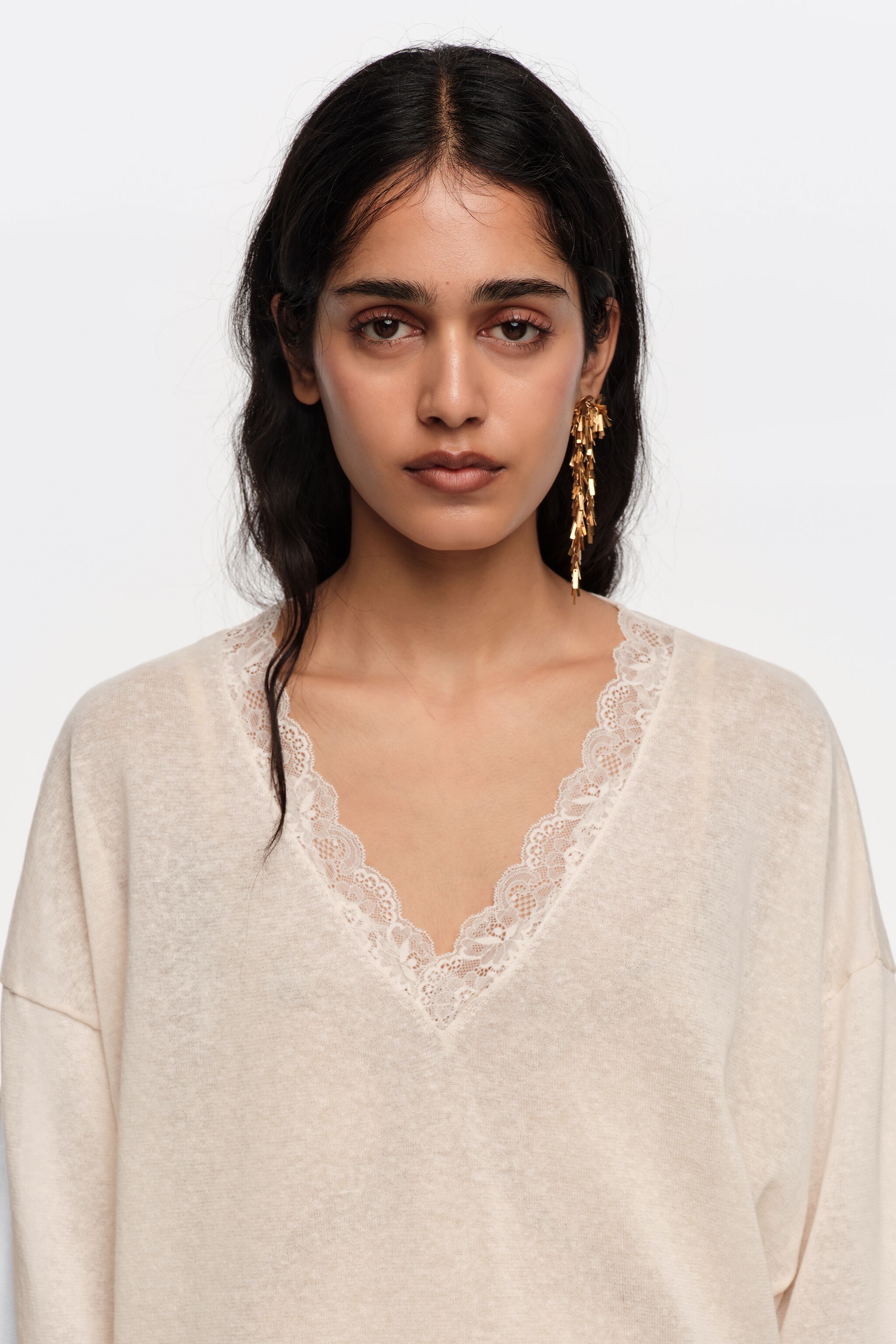 Long ivory linen cotton lace sweater