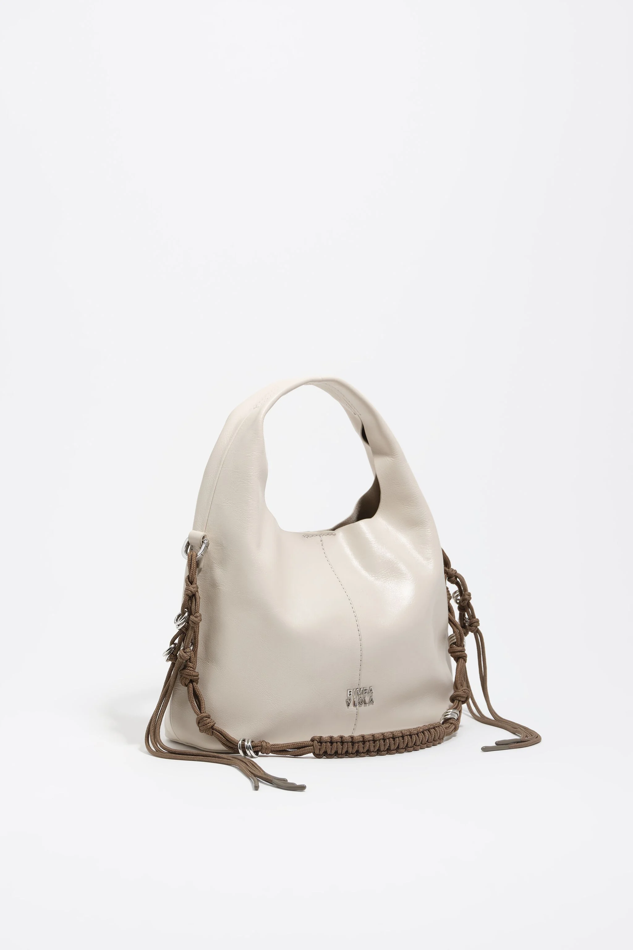 Small ivory shiny leather plaited handle Paper bag