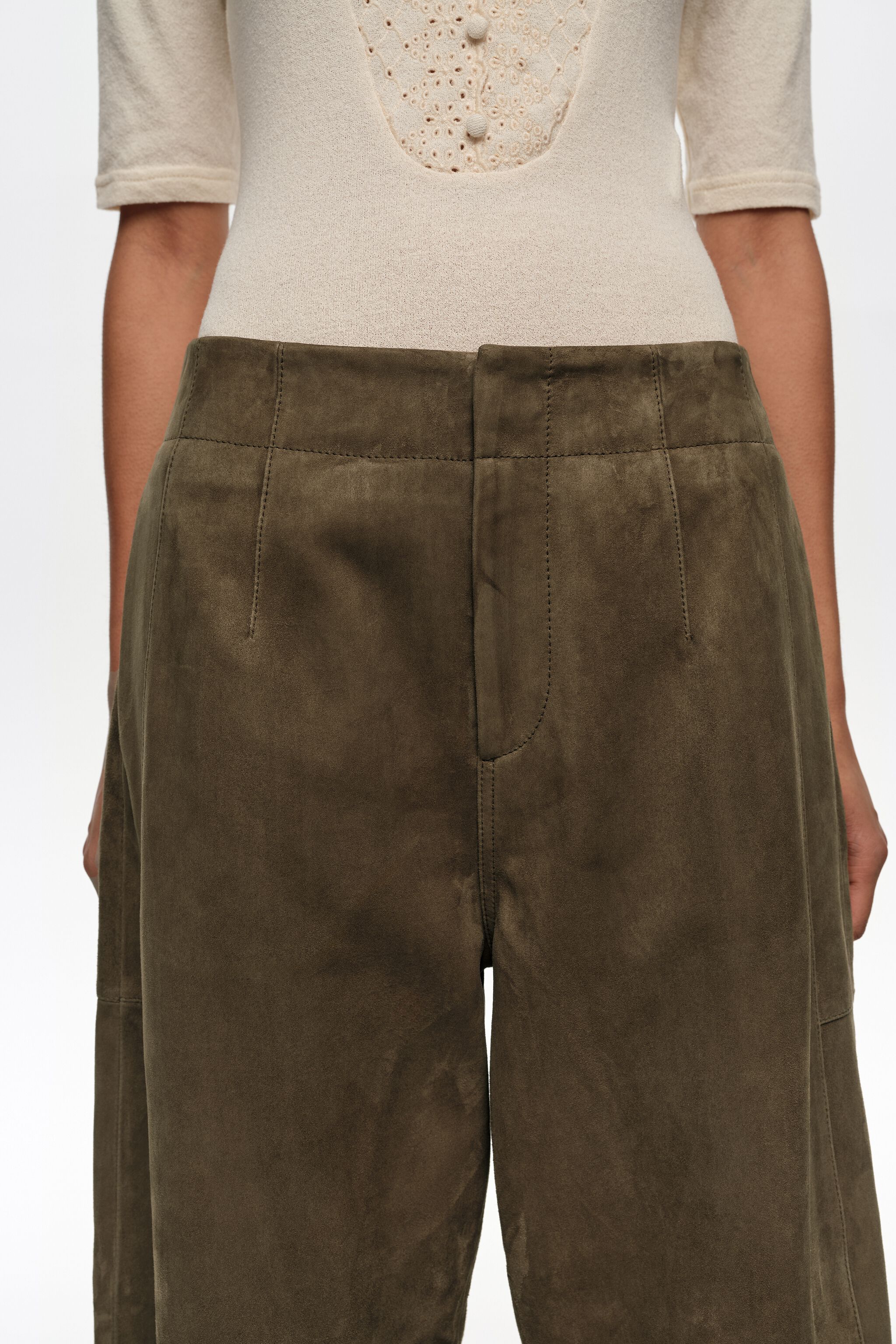 Dark olive suede barrel trousers