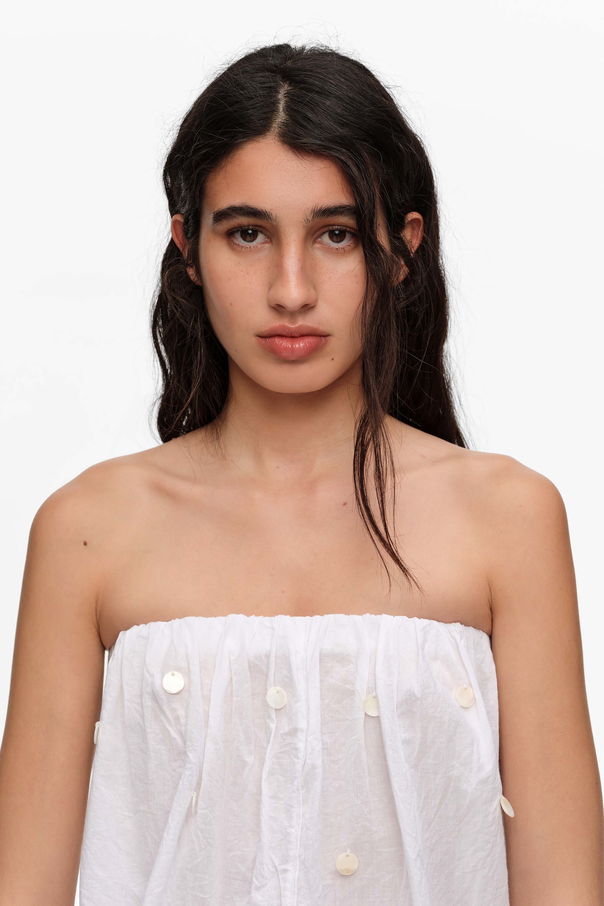 White ruched strapless top