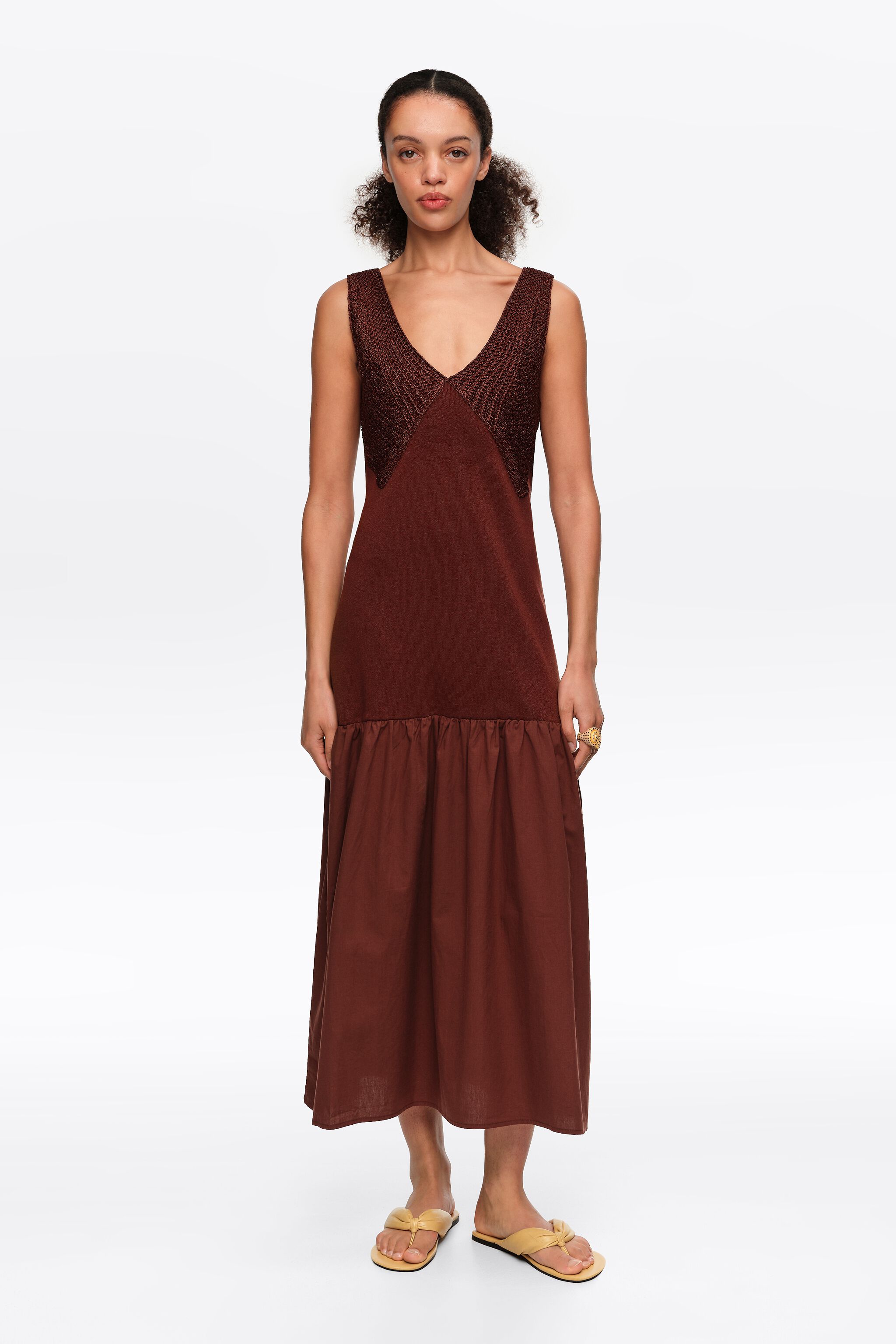 Brown two-material A-line knit dress