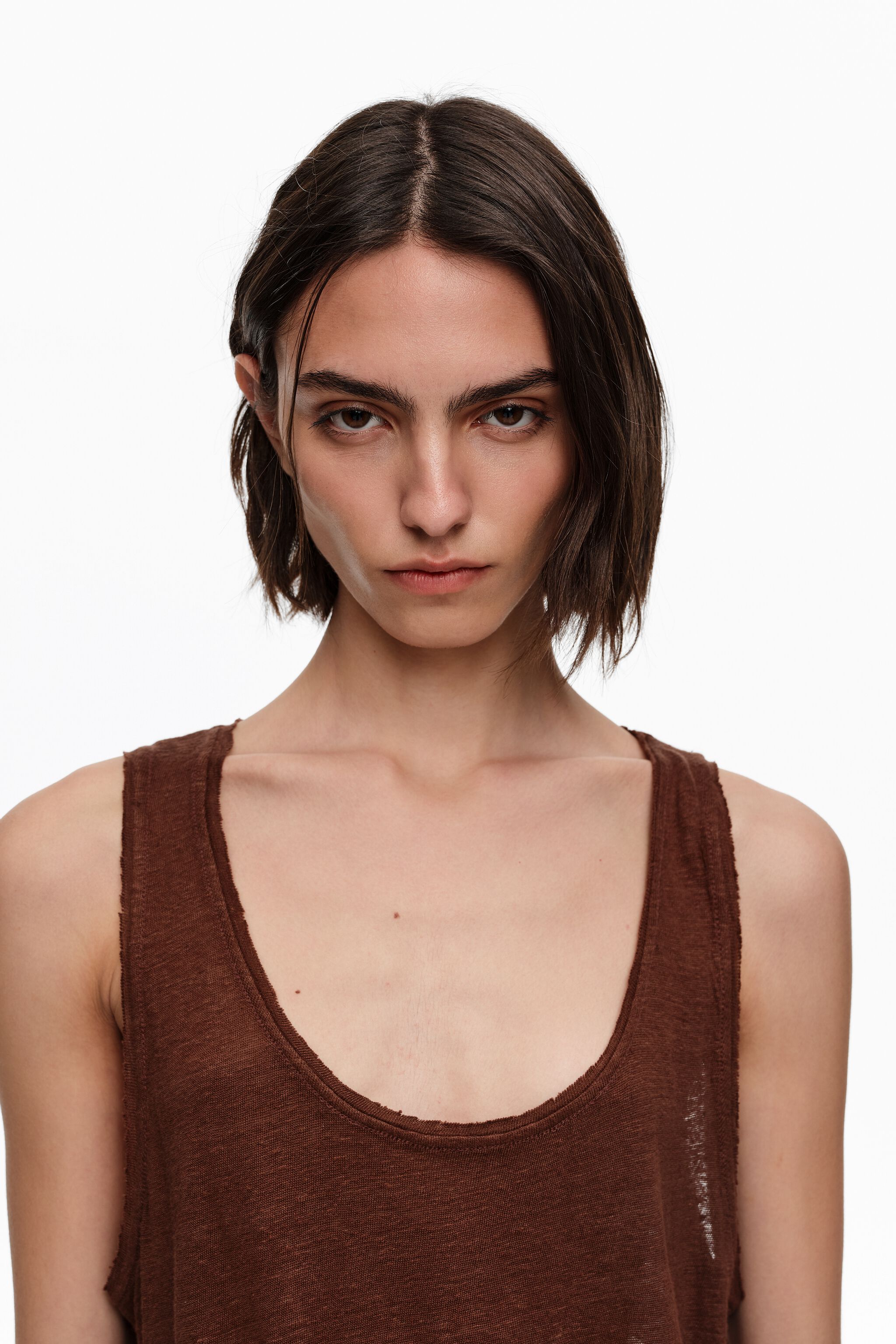 Brown washed linen vest top