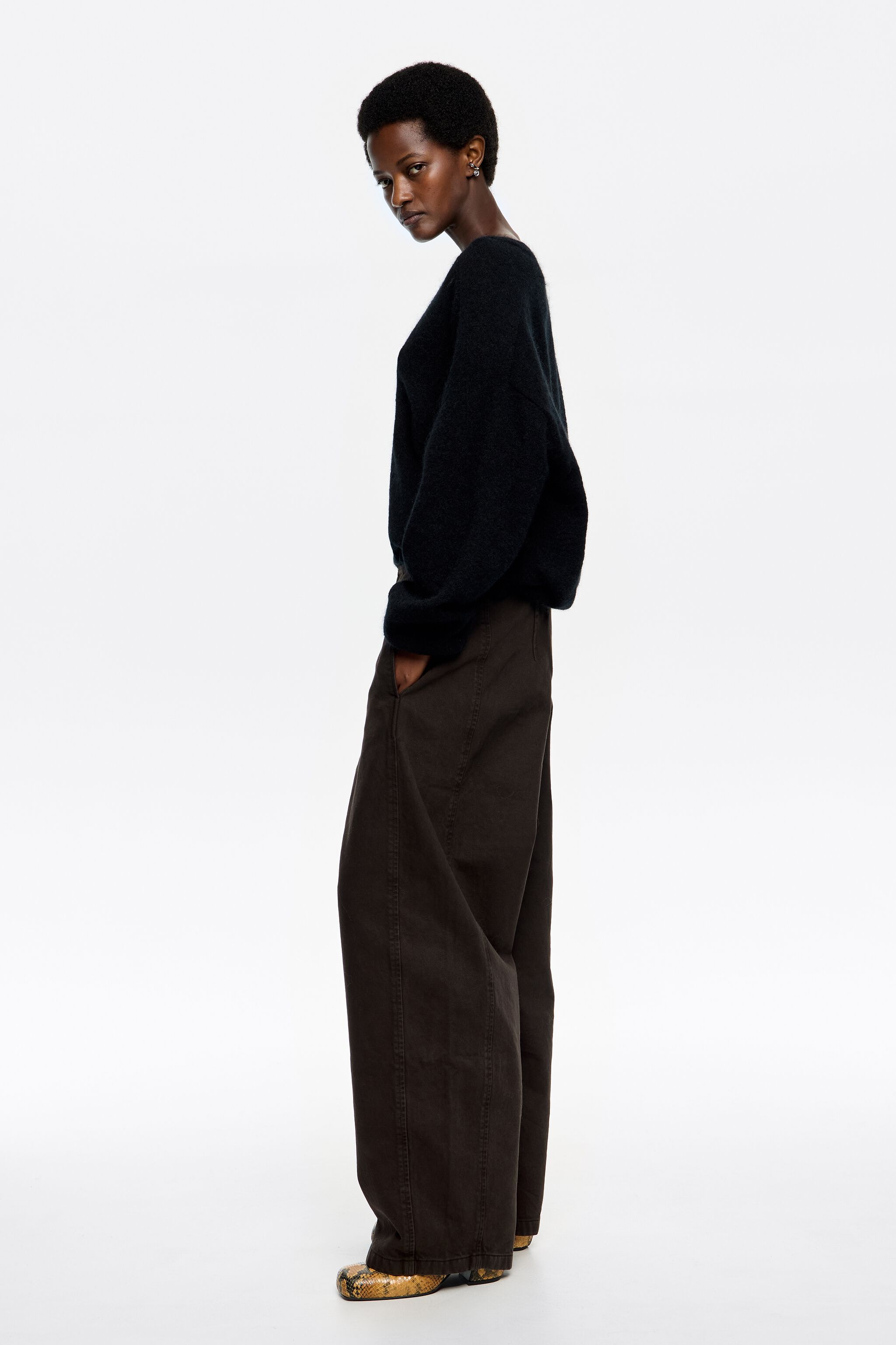 BARREL - Dark brown adjustable waist denim trousers
