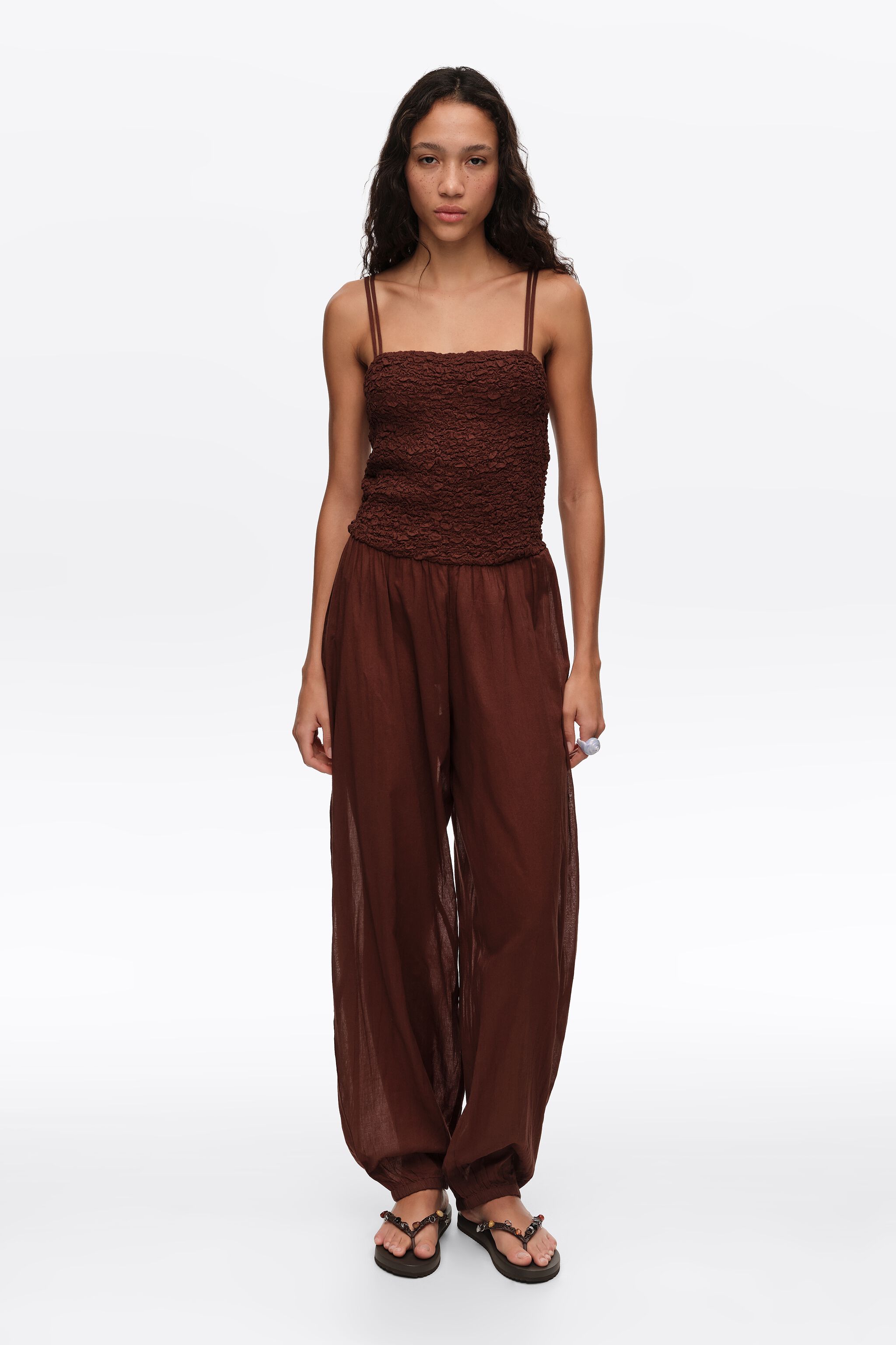 Brown cotton gathered balloon jumpsuit