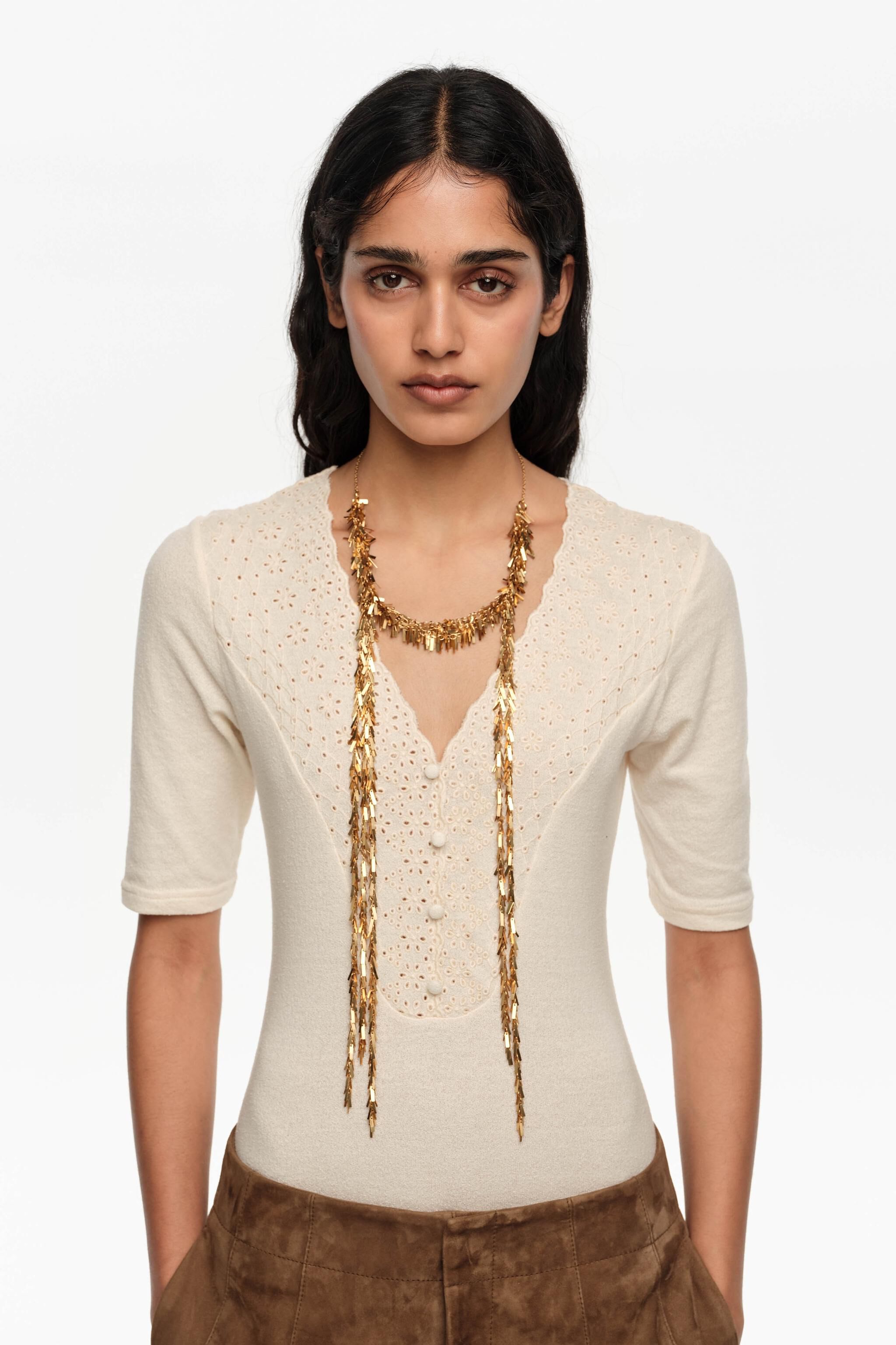 Aged gold metal chain necklace with fringe