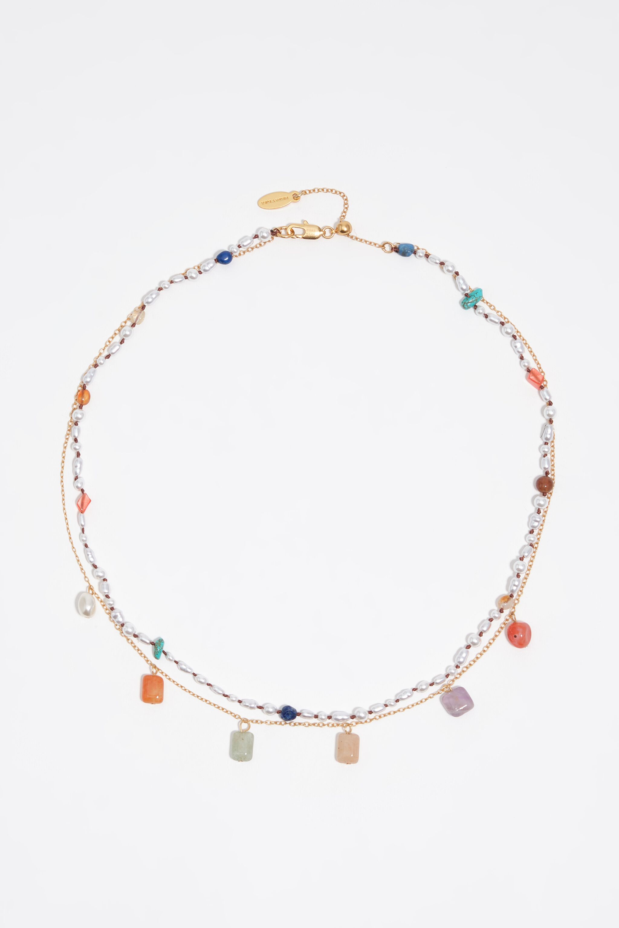 Multicolor stones and pearls double necklace