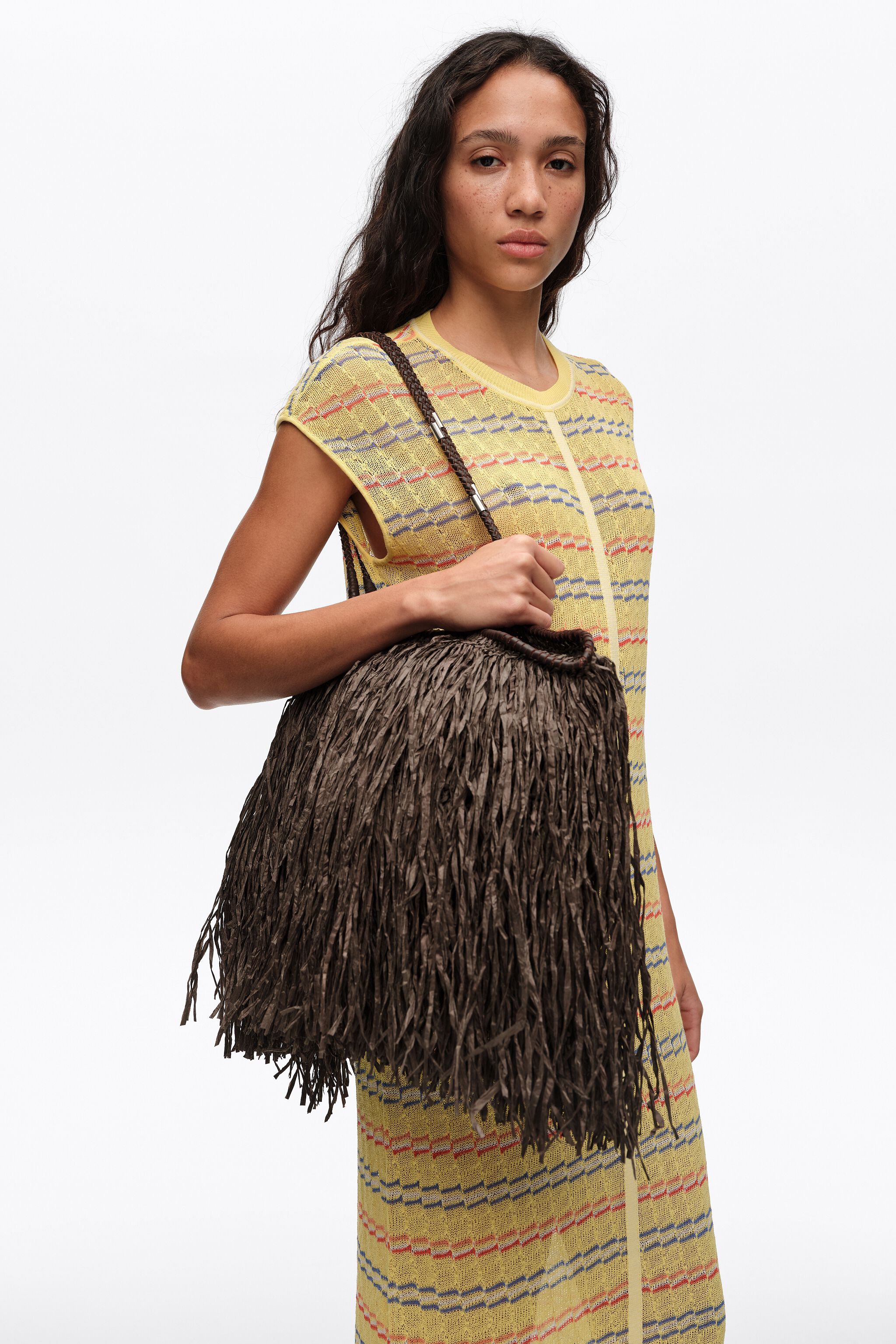 Large chocolate raffia-effect shopper bag