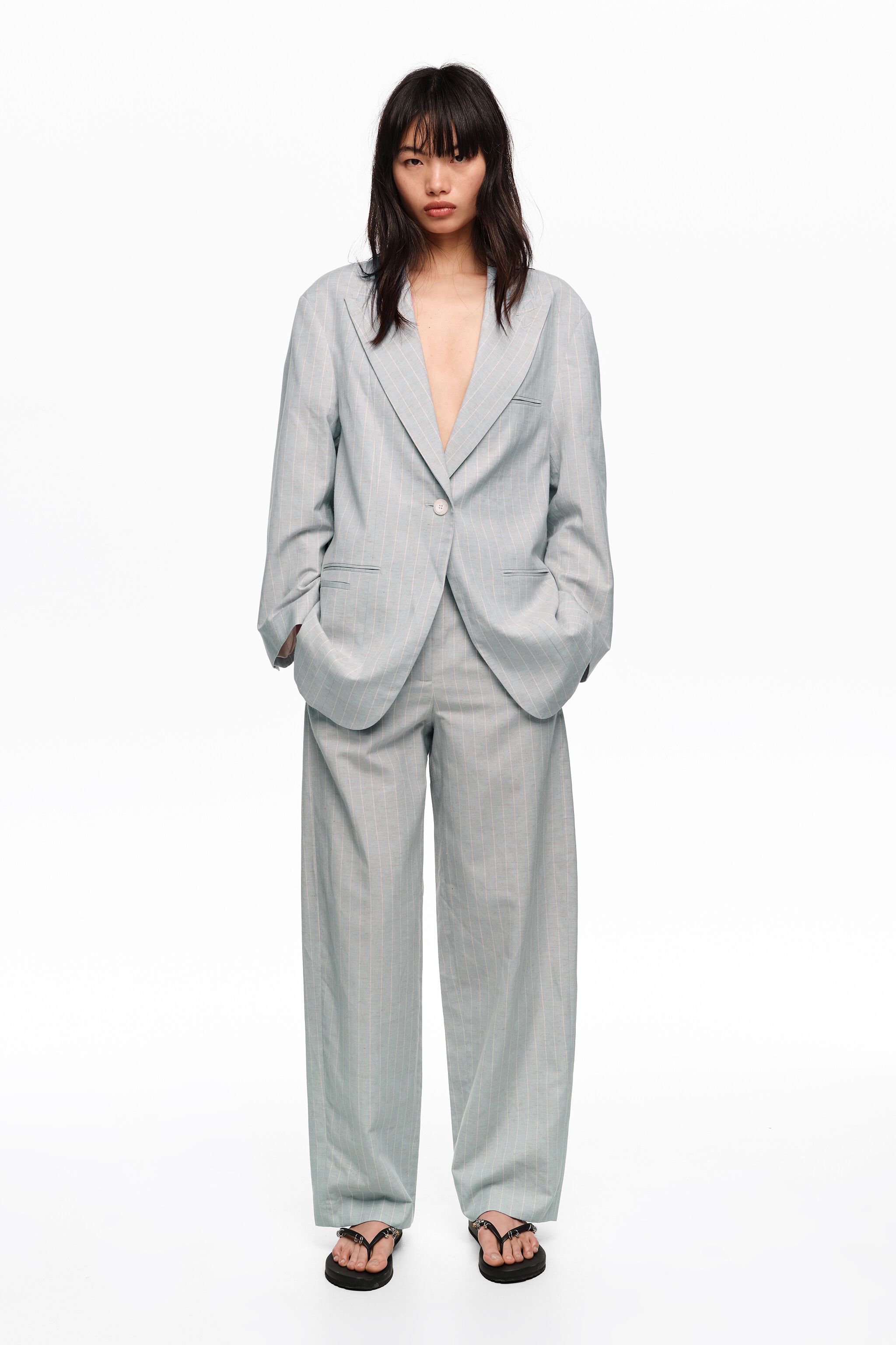 Light blue linen striped darted trousers
