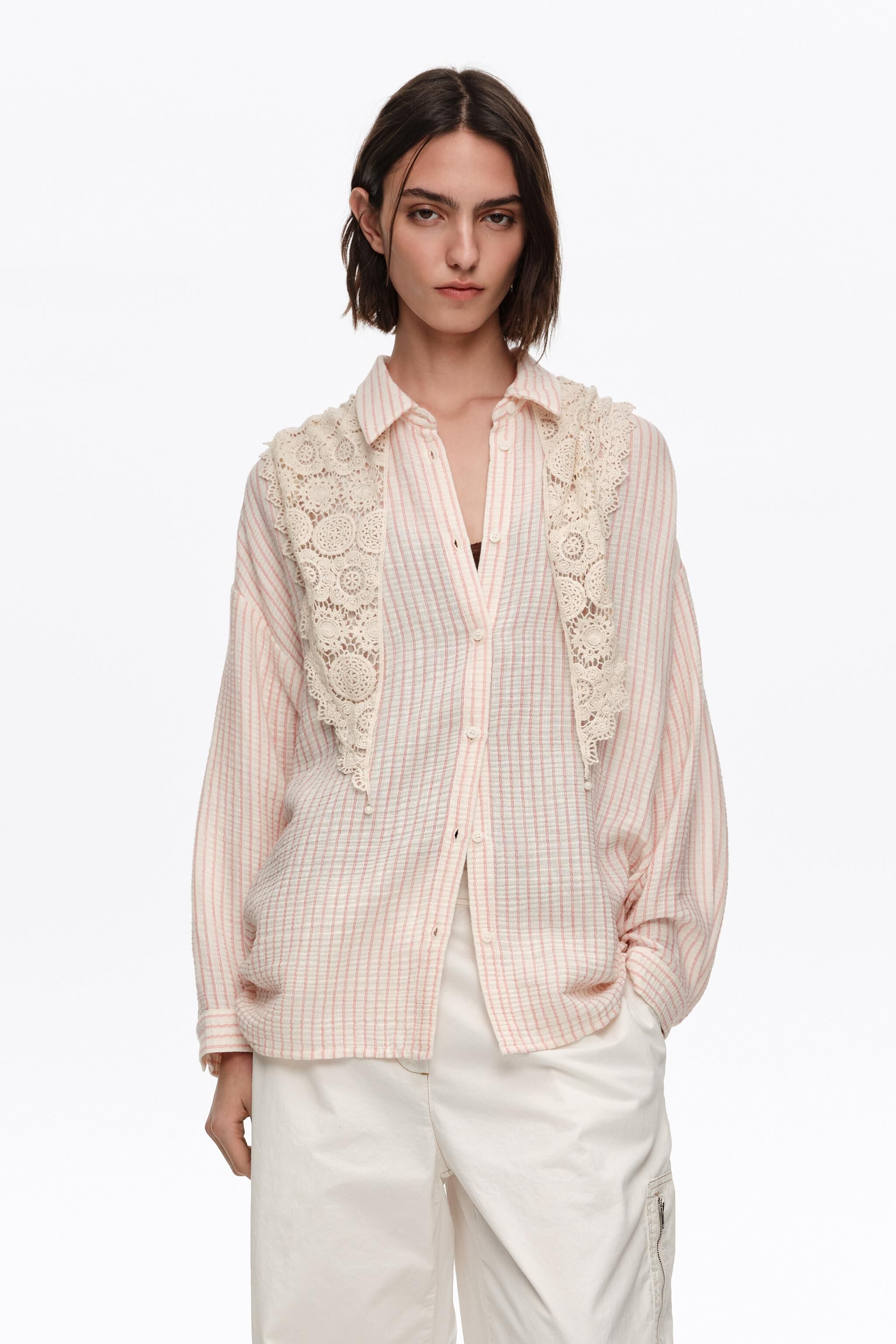 Red striped crochet shirt with scarf