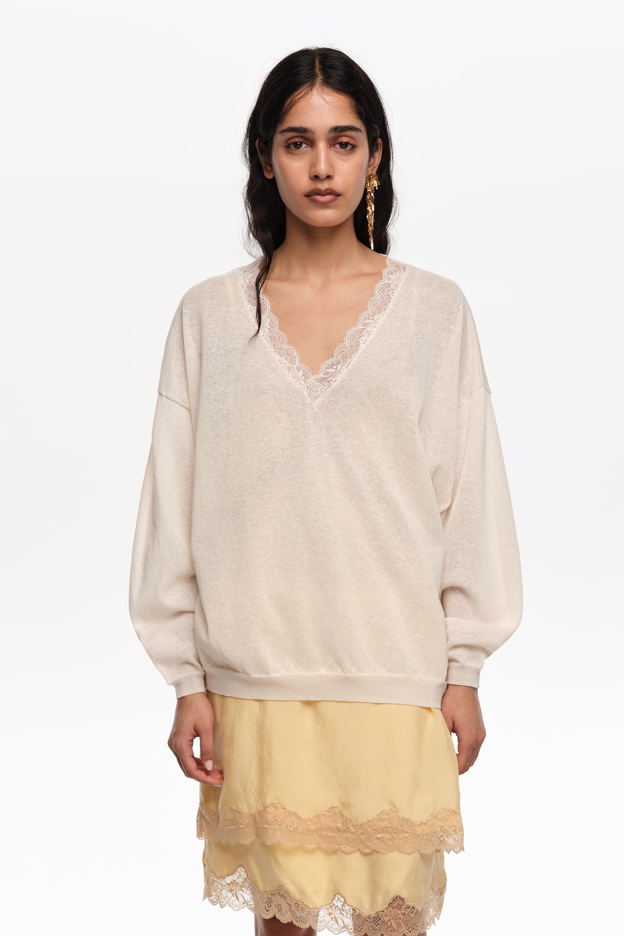 Long ivory linen cotton lace sweater