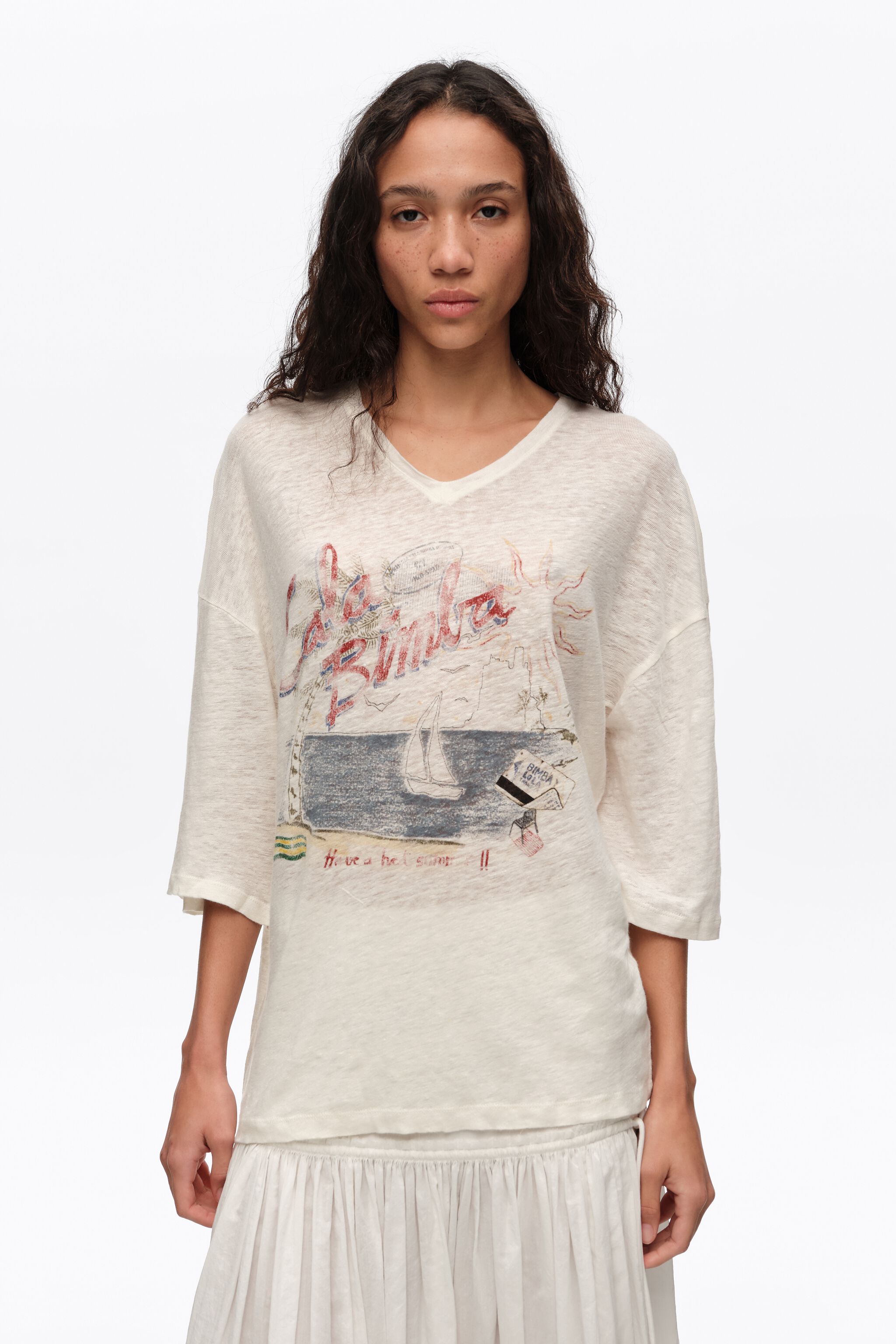 Faded ivory linen Bimba Cala logo T-shirt