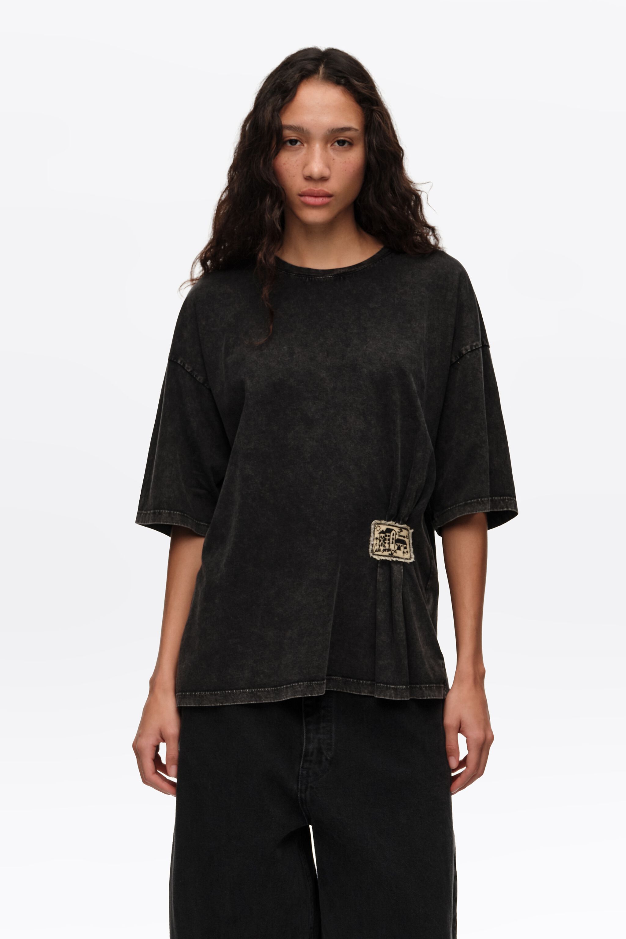 Faded black ruched T-shirt with custom label