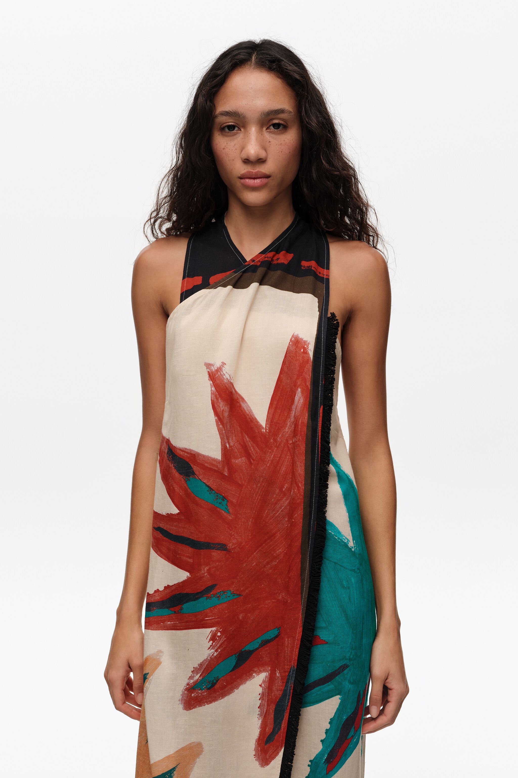 Positional Sun fringed midi wrap dress