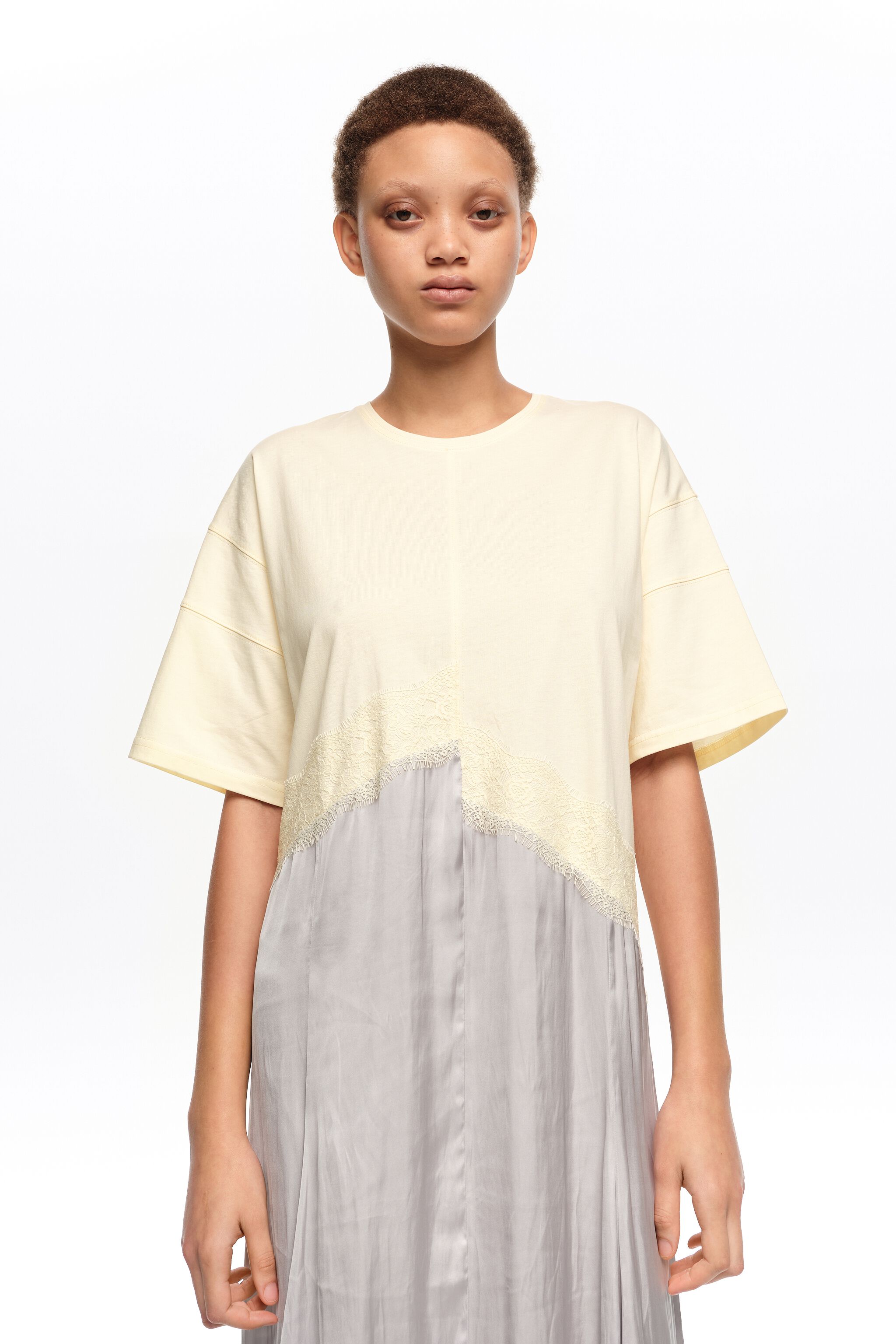 Light gray two-material asymmetric dress