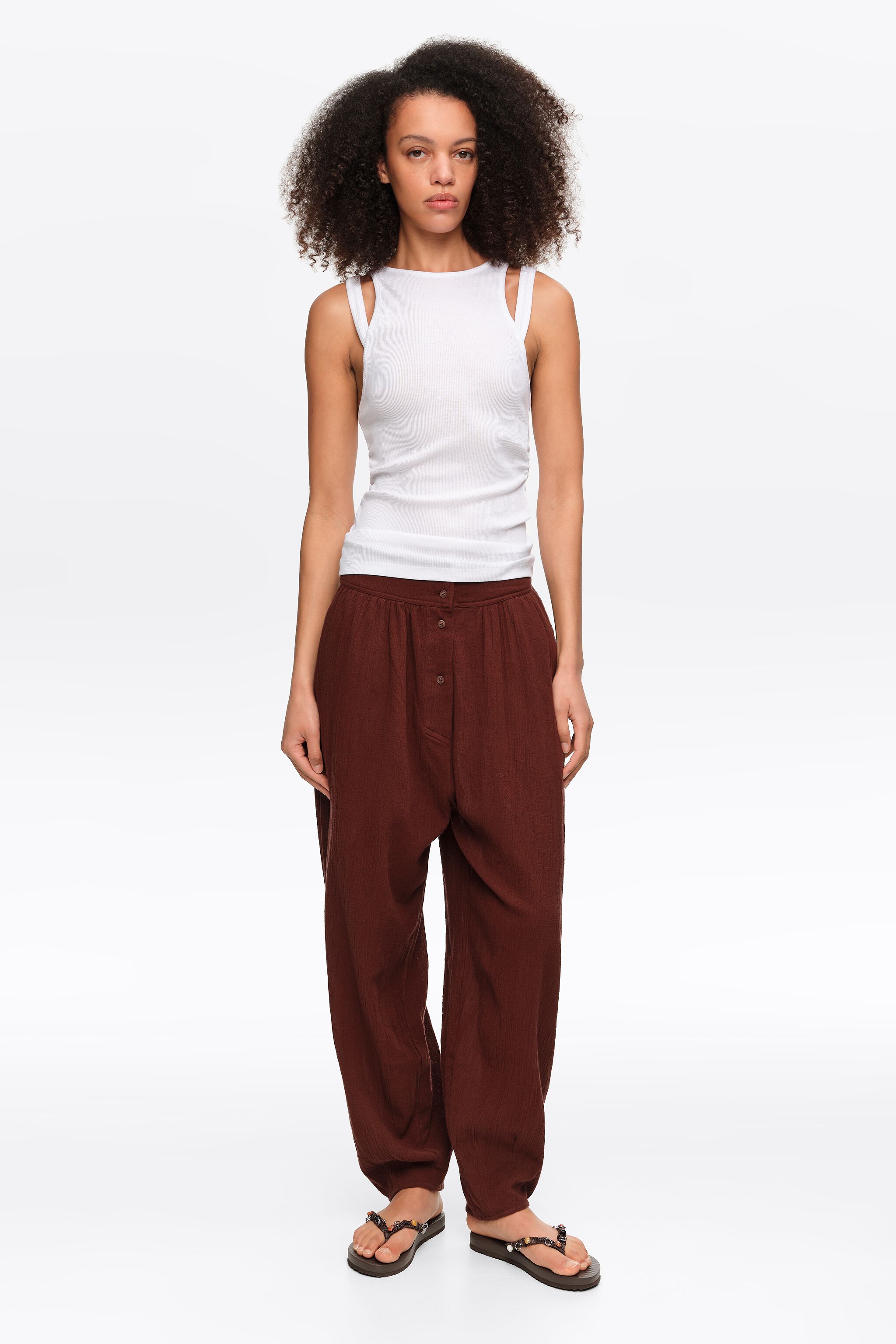 Brown textured cotton harem trousers