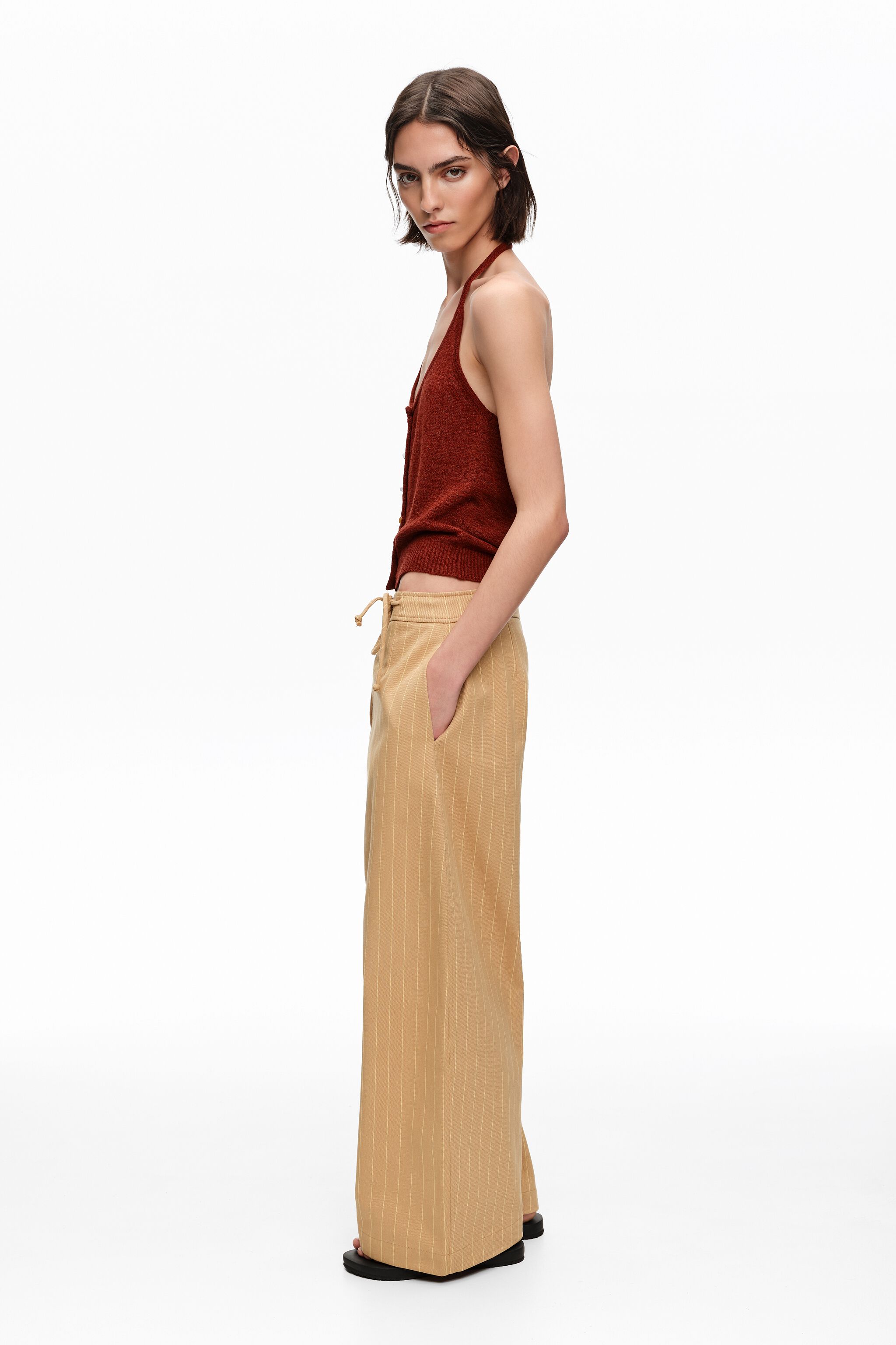 Ochre striped ankle-length barrel trousers