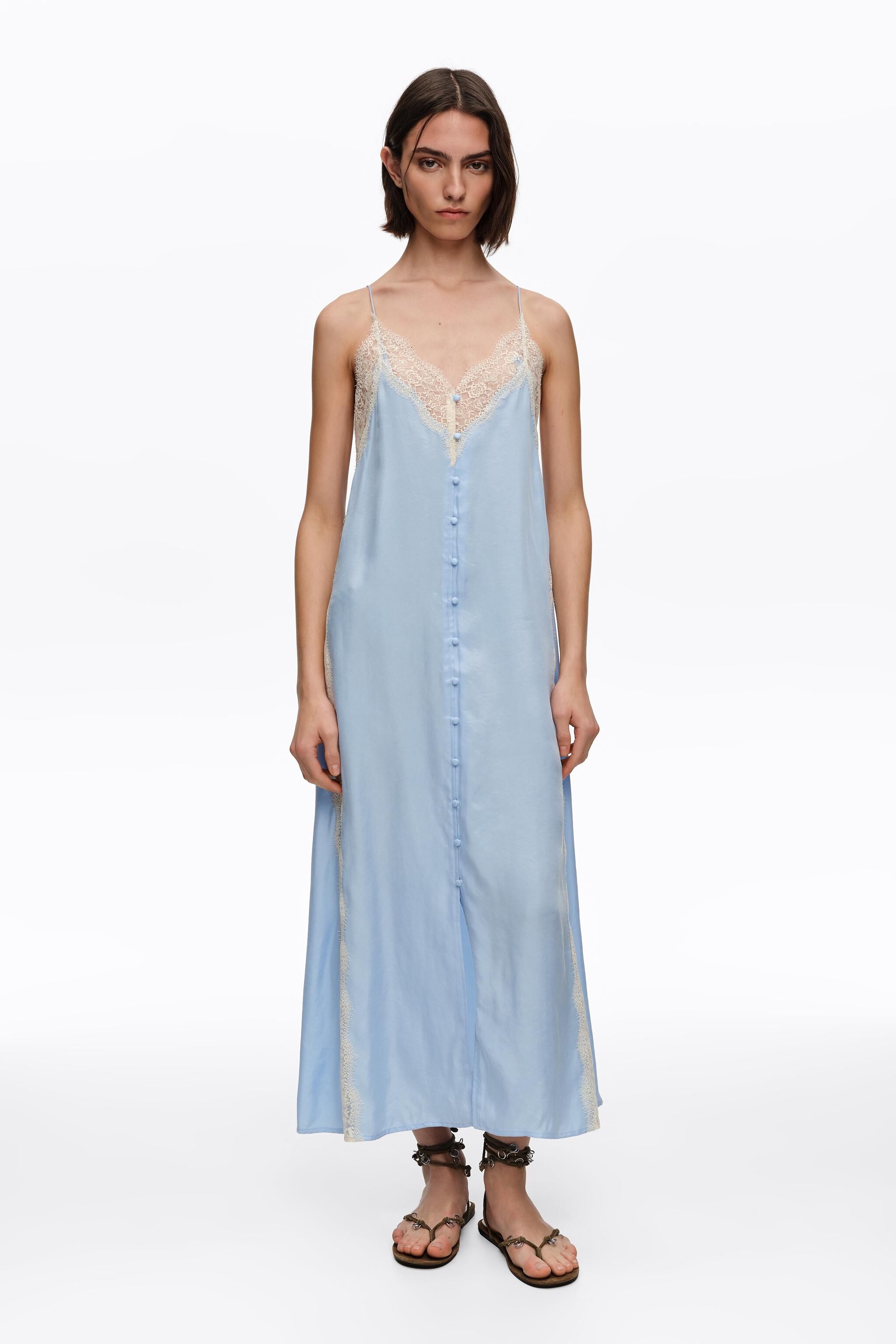 Light blue slip dress with contrast lace