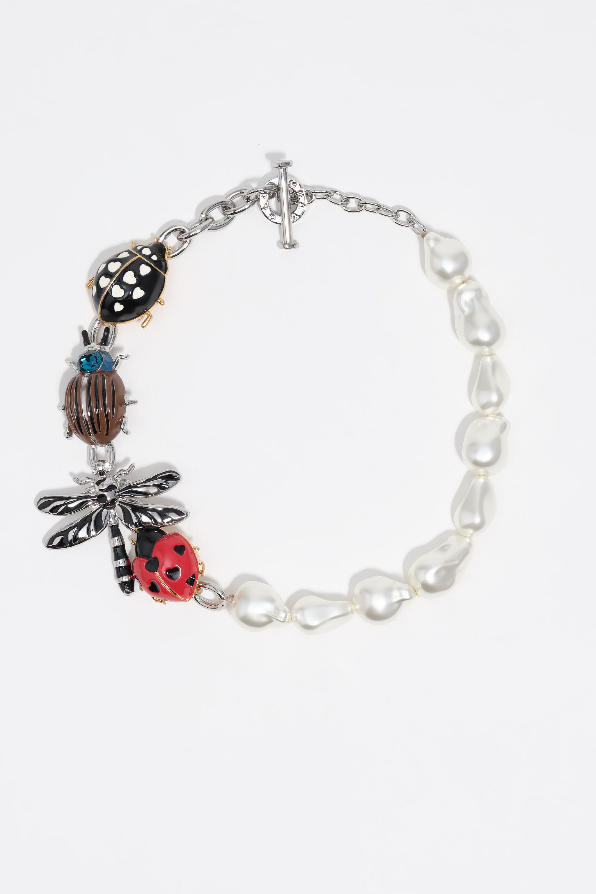 Silver chain and pearl necklace with beetle and dragonfly