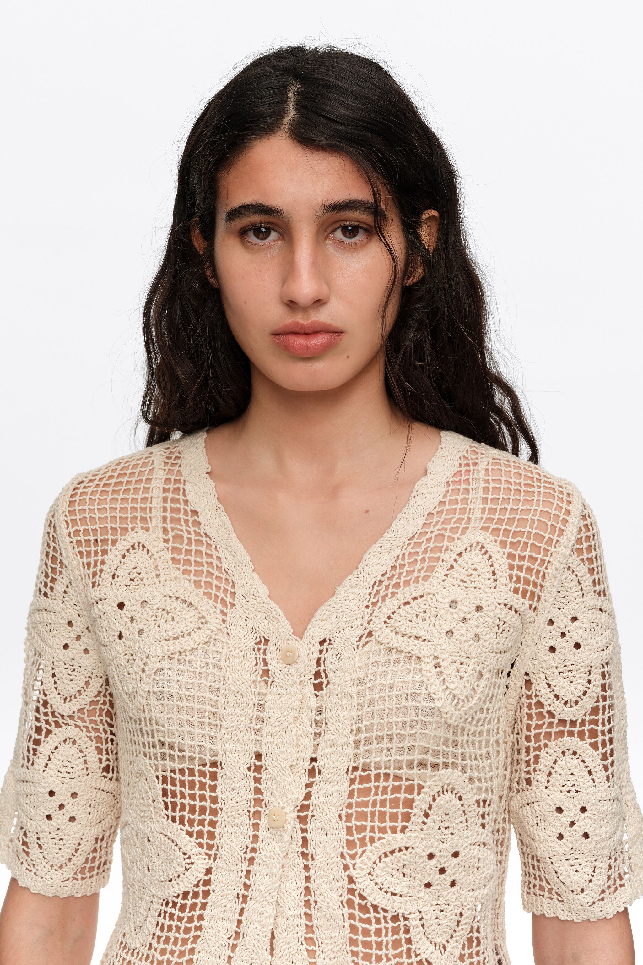Sand openwork knit cardigan