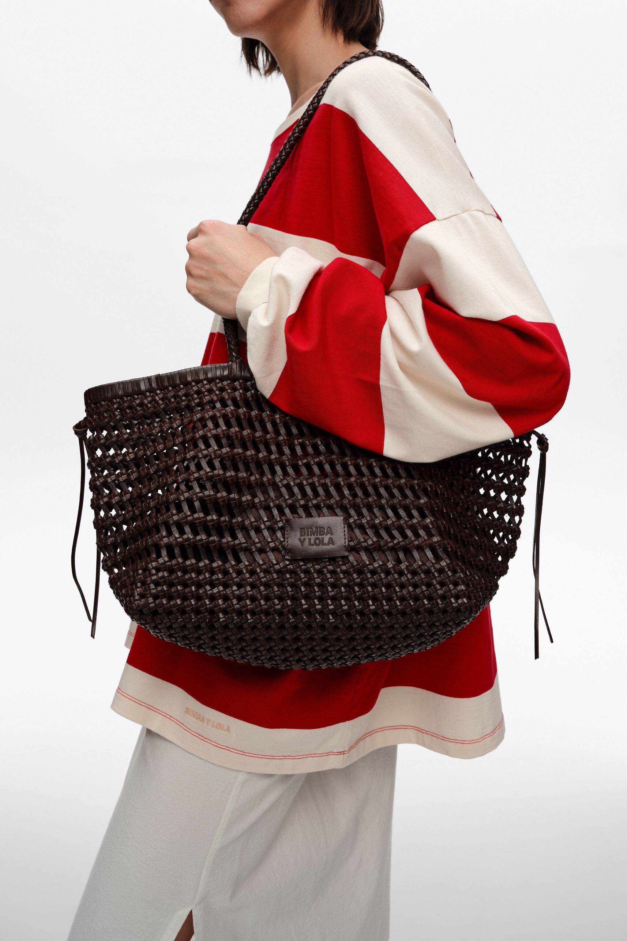 Large brown plaited leather shopper bag