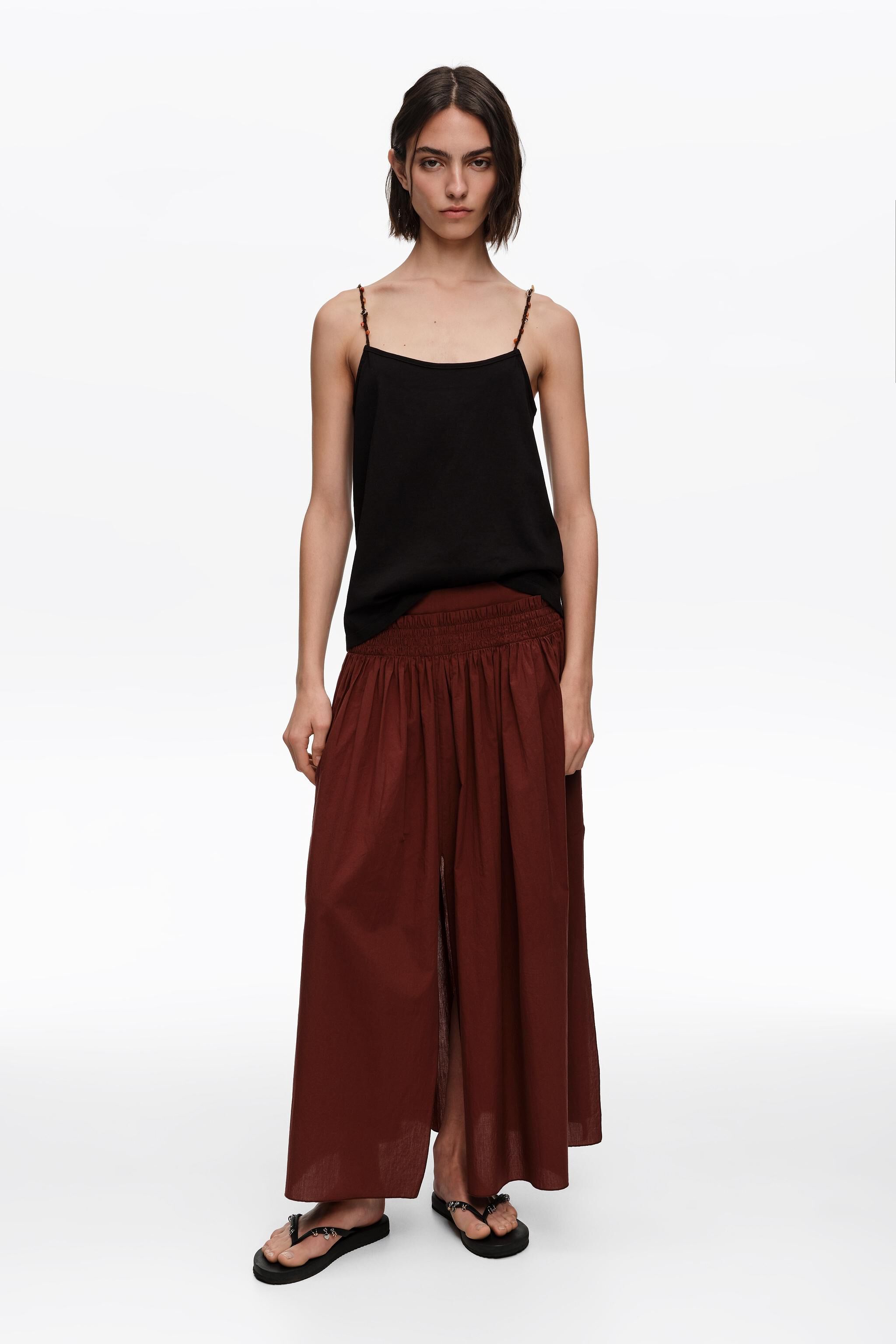 Brown A-line maxi slit skirt