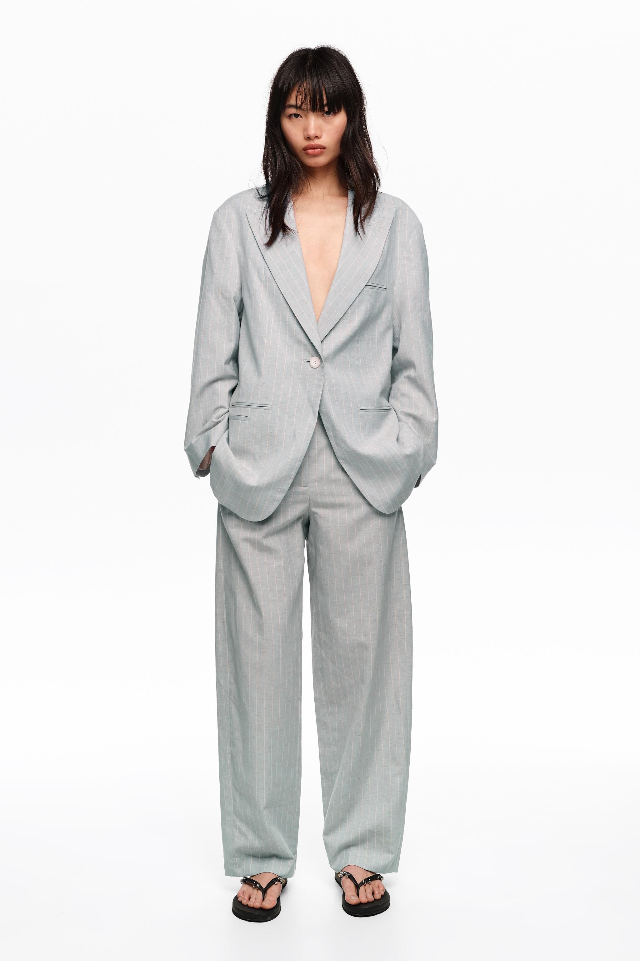 Light gray oversize tailored jacket with stripes