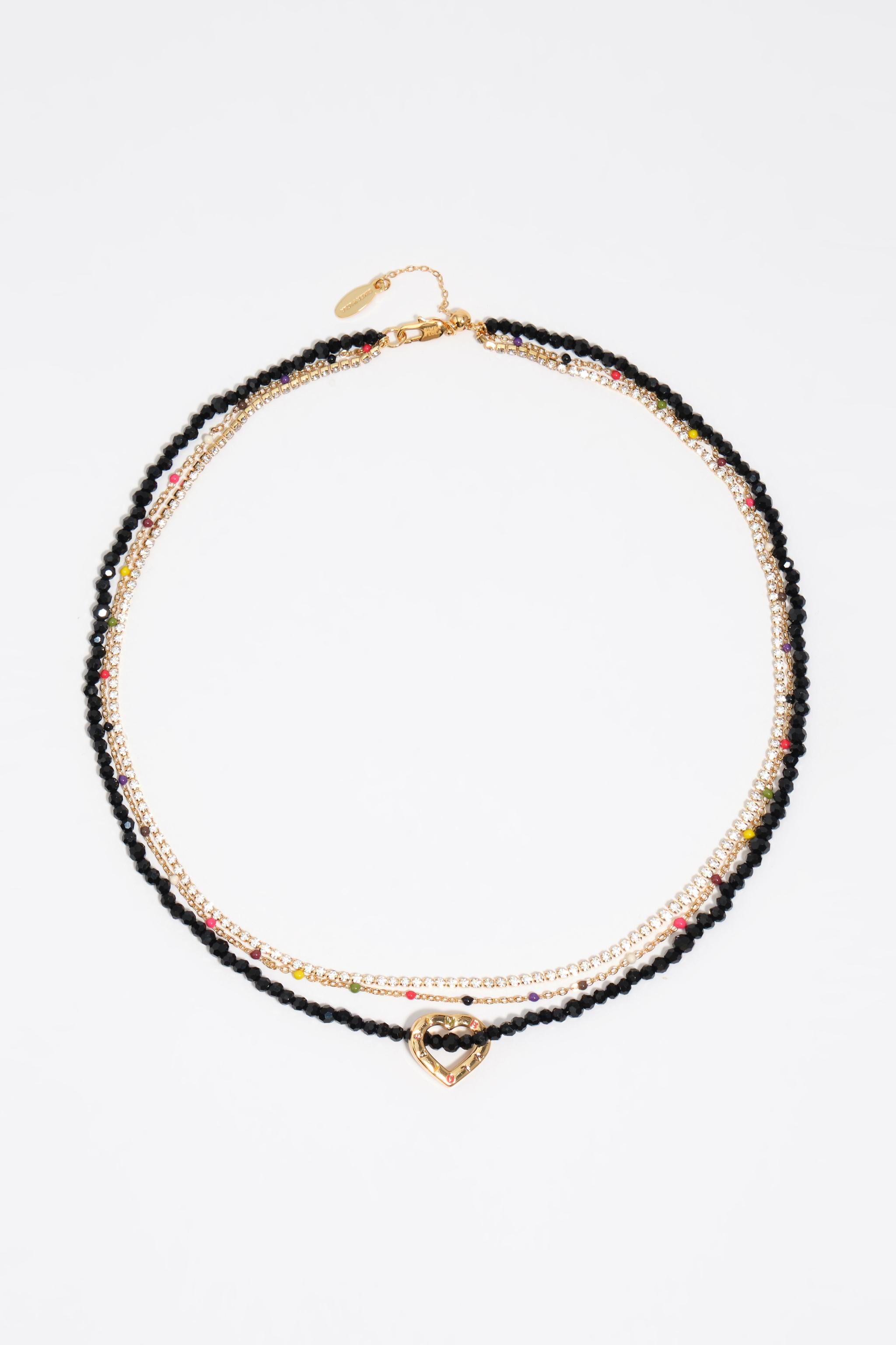 Double necklace with black crystals and heart logo