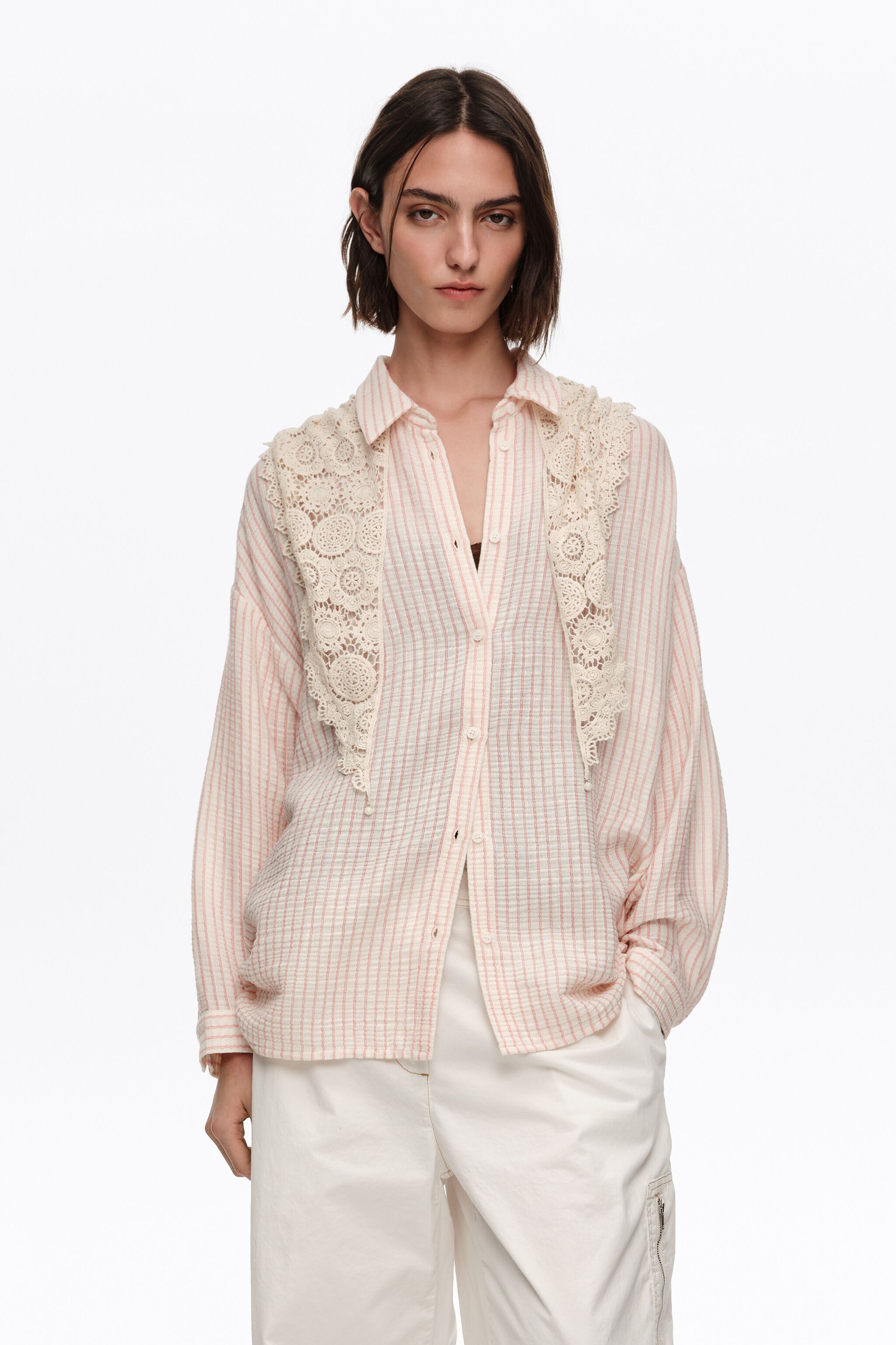 Red striped crochet scarf shirt