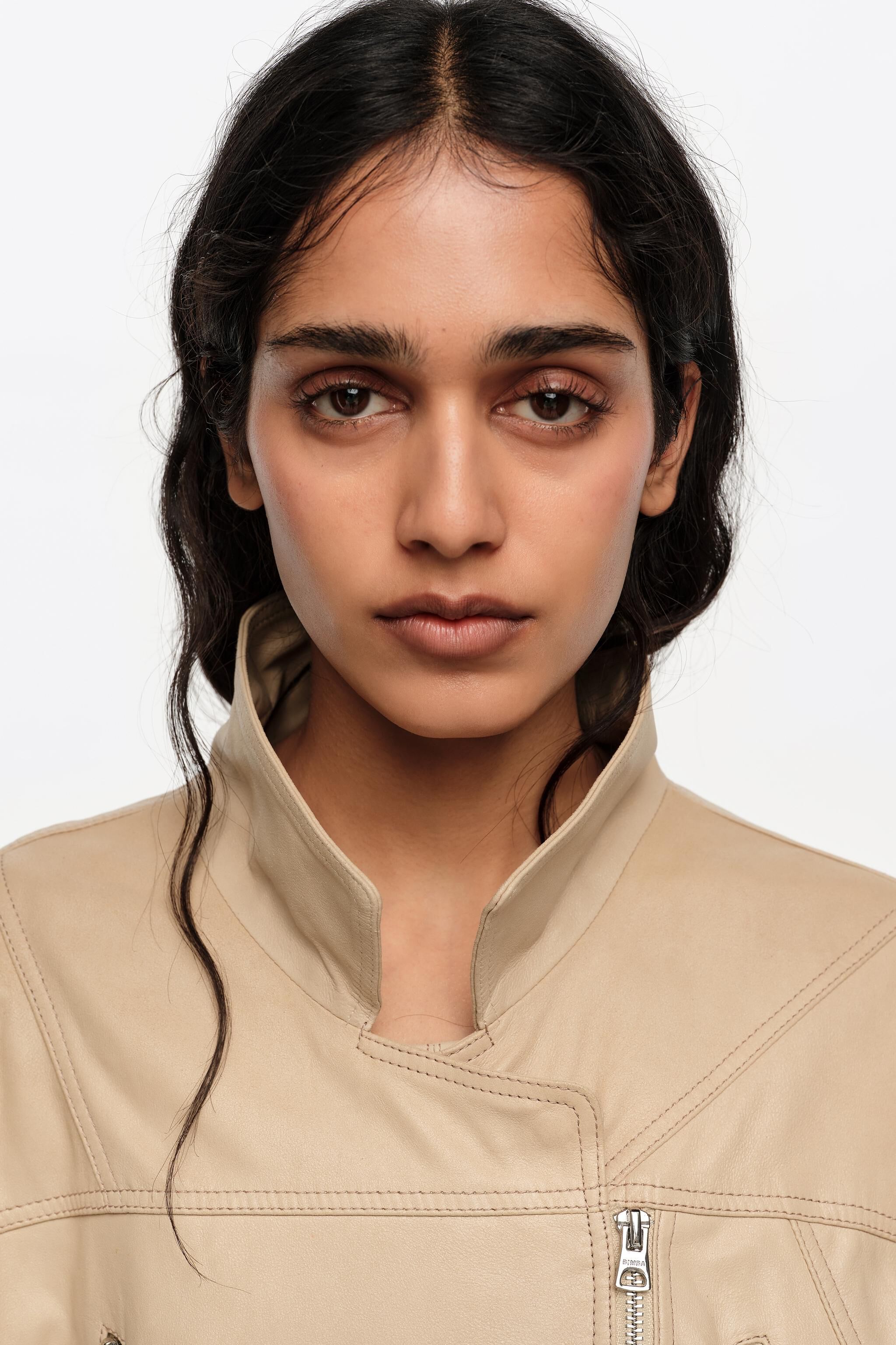 Light stone leather adjustable double-breasted jacket