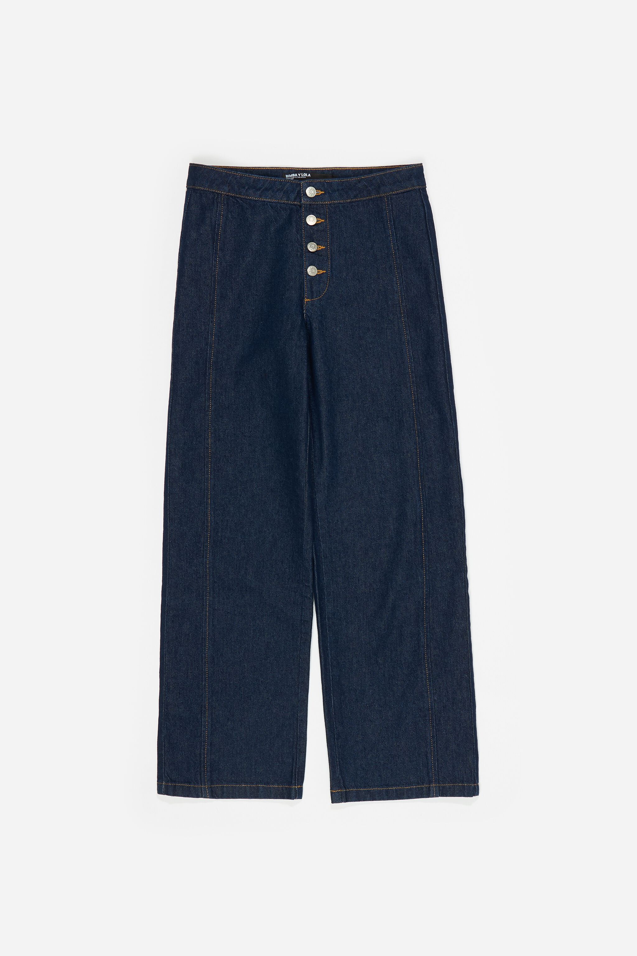 Dark blue denim straight-leg trousers with buttons